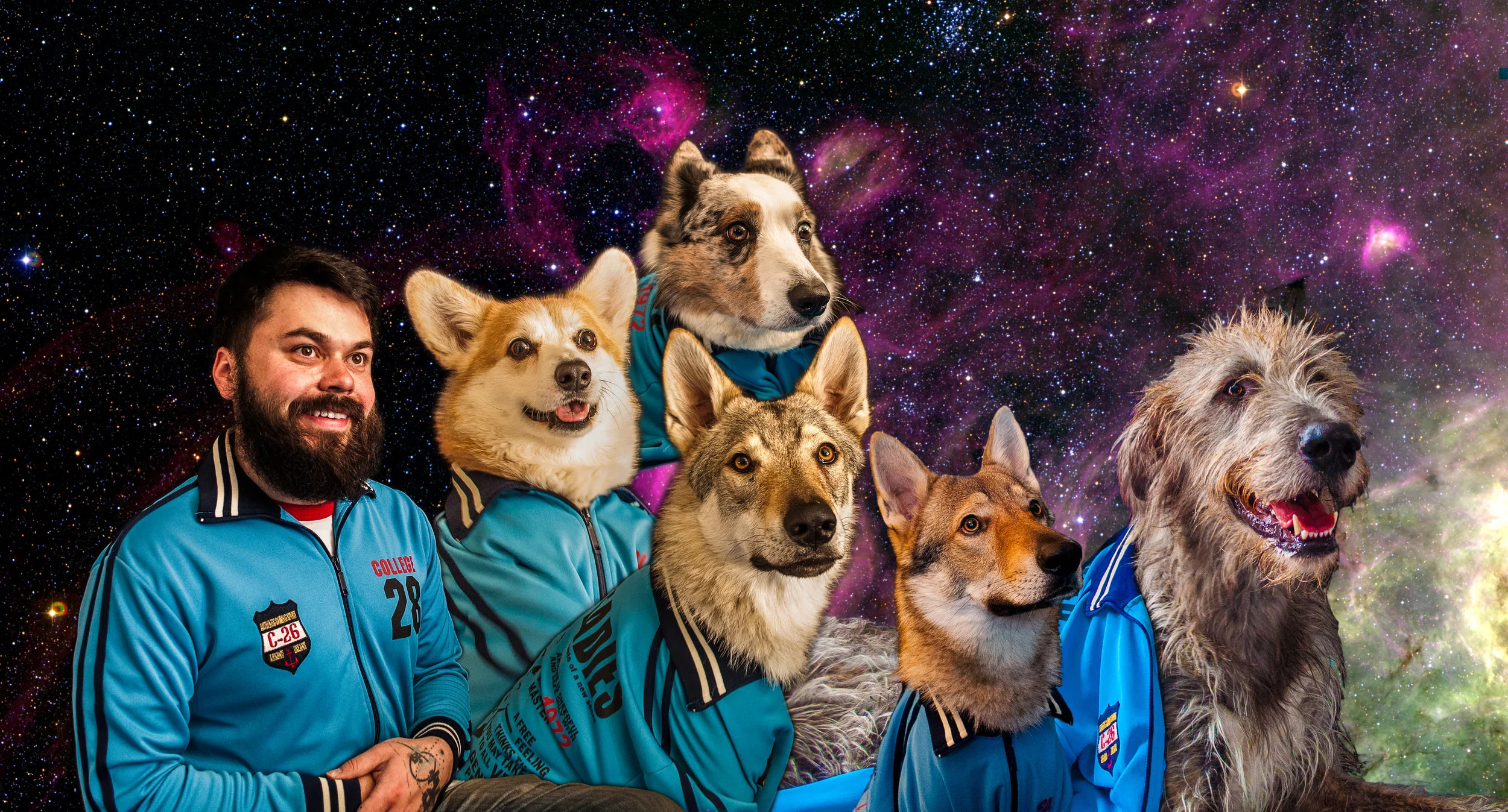 The Space Cadets (from left to right): Marius Geykman (Human), "Kit" Kitsune (Pembroke Welsh Corgi), "Cleo" Cleopatra Juno Sterling (Cardigan Welsh Corgi), "Rōnin" Drake Darkstar Amant Gris (Czechoslovakian Vlcak), "Harley Quinn" Borrasca Gaditana de la Manada de Tuky (Czechoslovakian Vlcak) & "Sirius" The Best Dog In The World (Irish Wolfhound)