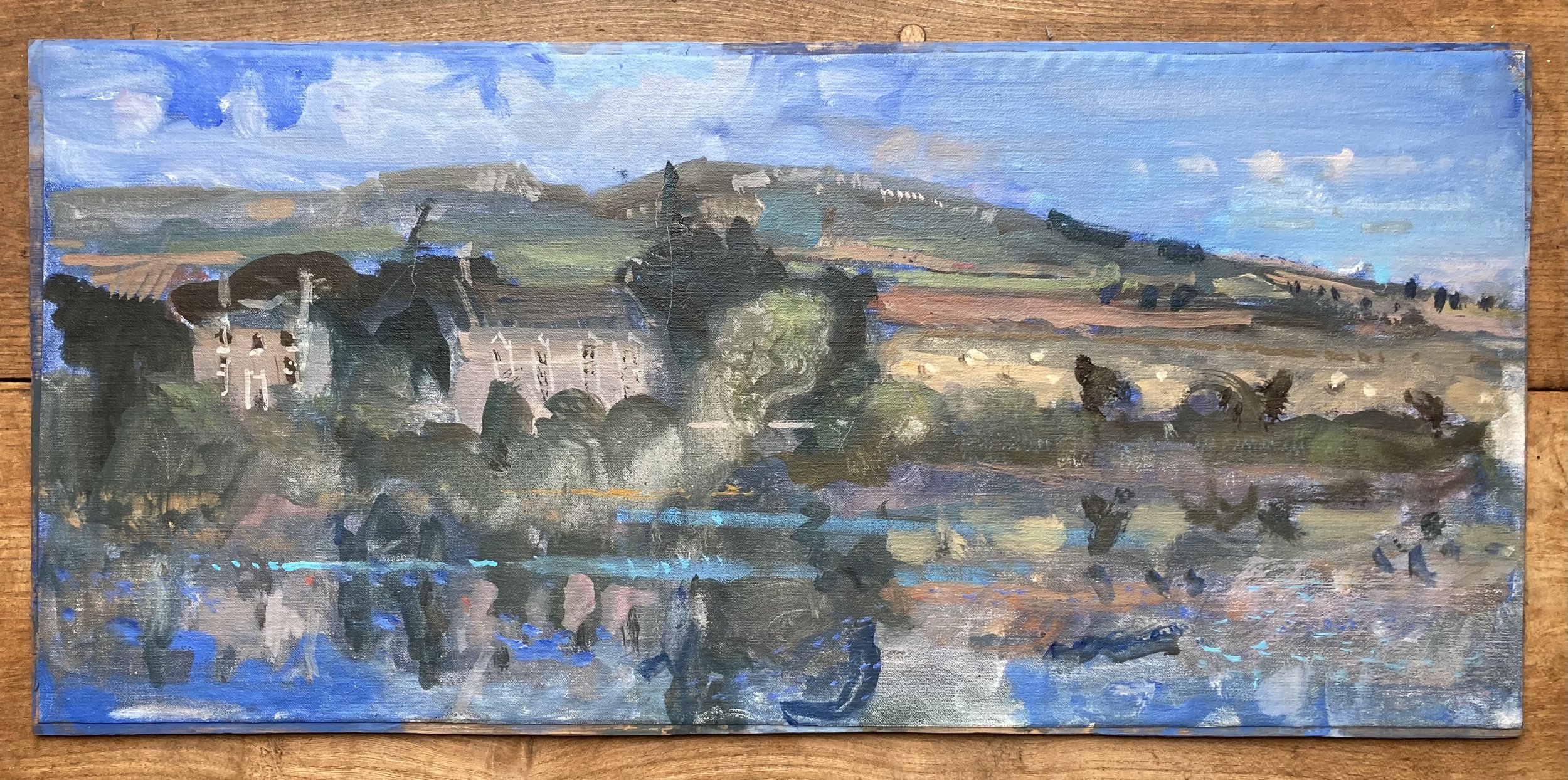 Study for Rescobie Church  30x60 oil on canvas on linen 