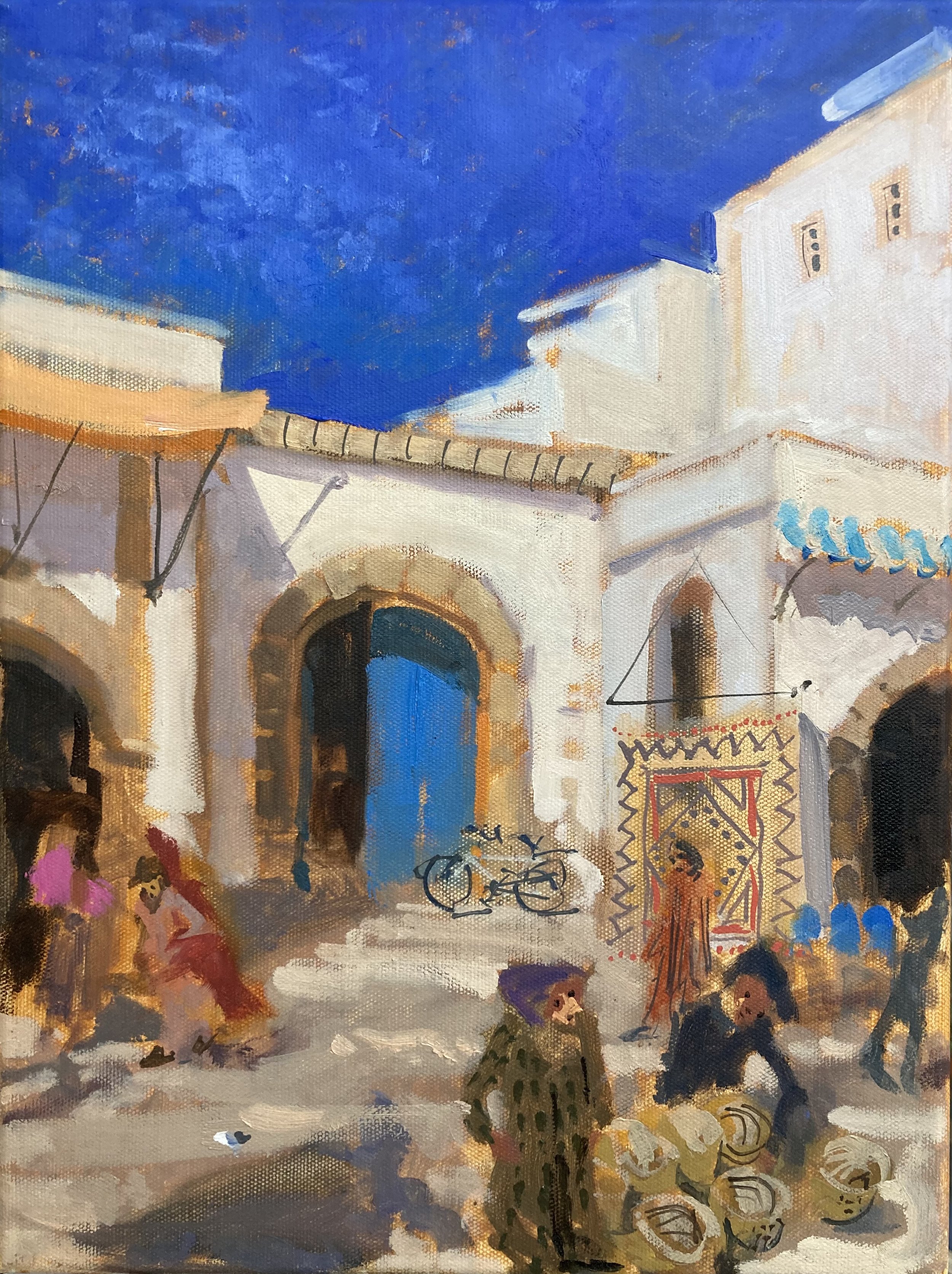 Souk Essaouira The carpet seller. 2023 oil on canvas 12x16cms 