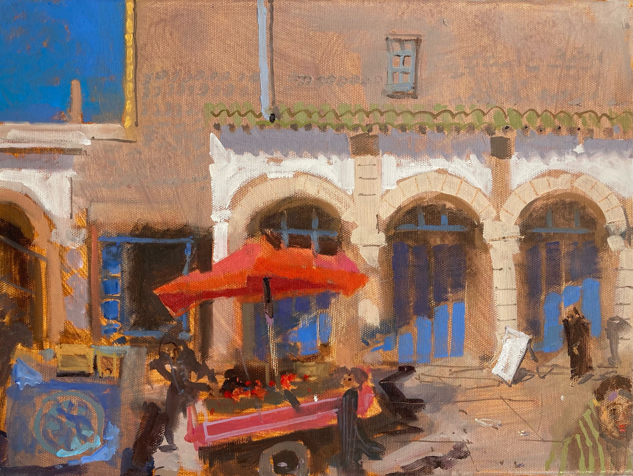 Red umbrella Souk Essaouira. 2023 oil on canvass. 12x16cms 