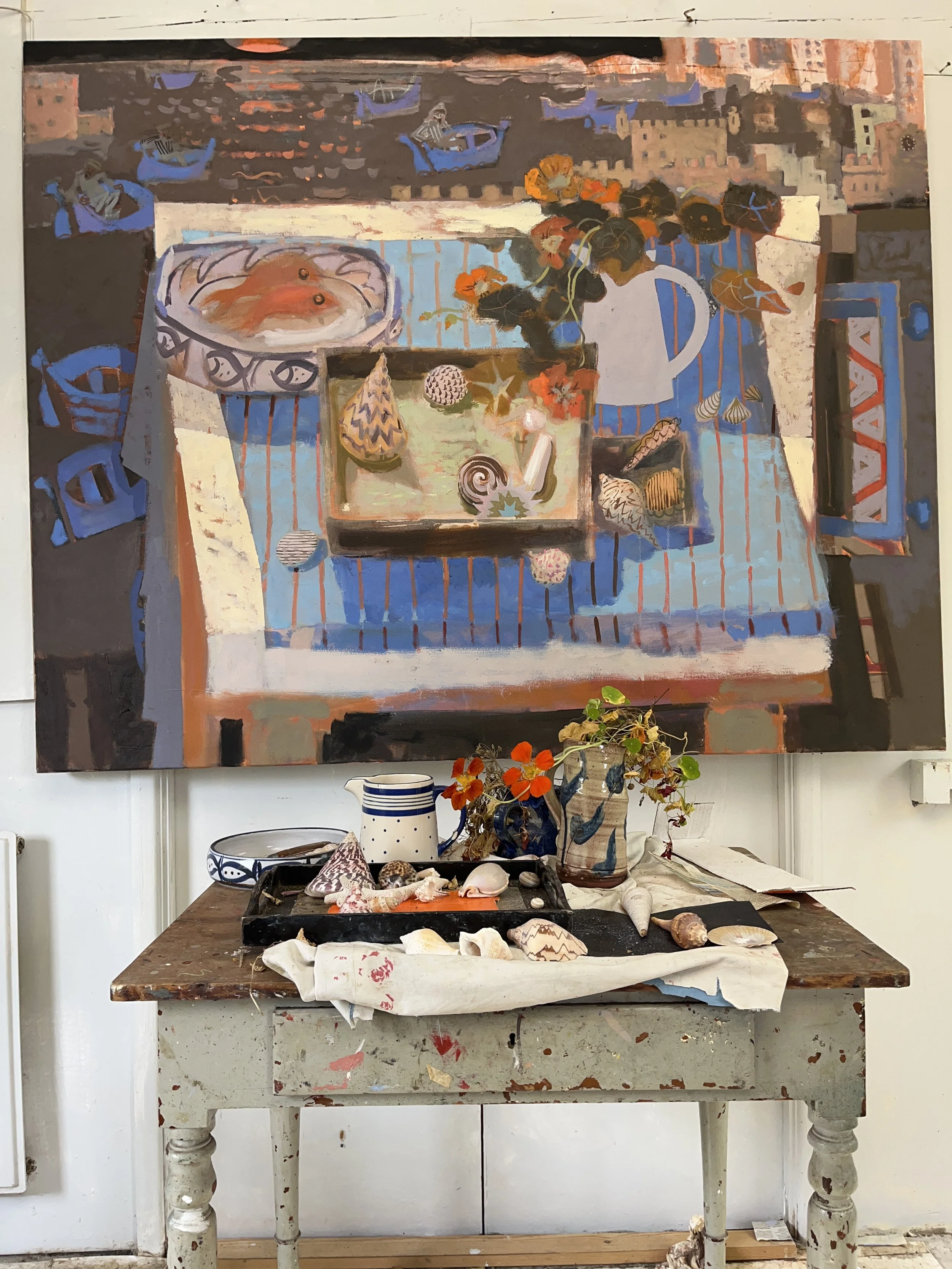 Red Mullet and Shells. ( 4 ft x 5 ft approx)  oil on canvas 2025