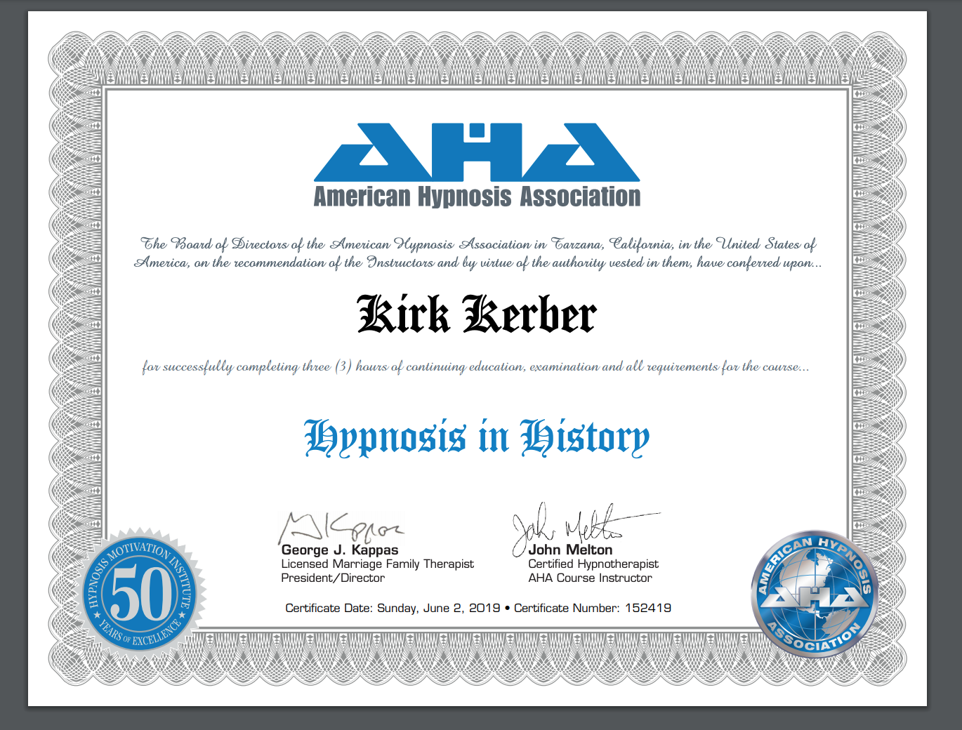 American Hypnosis in History course Certificate #kerber 2019 .png