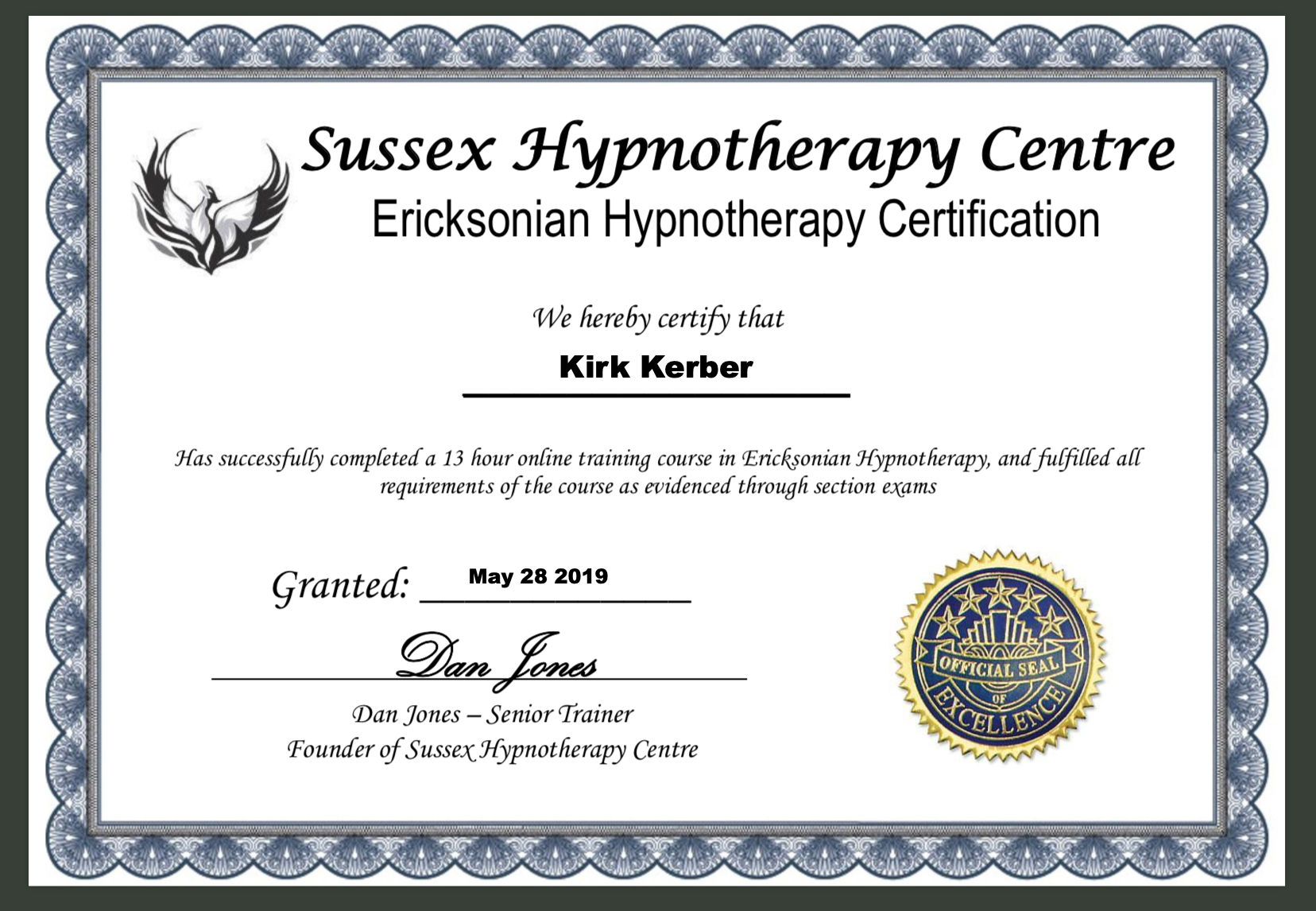 Kirk Kerber Certificate Master Hypnosis Ericksonian 2019 May .png