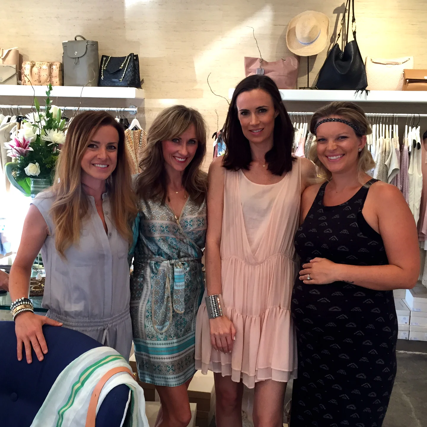 (L to R) Shelly Brown (wearing her own cuff bracelets), me (wearing Lolita Jaca Wrap dress), Celia Tucker (co-owner of Willow, rocking a Shelly Brown cuff & Chloe dress), Michaelanne Lauderdale (expecting her first sweet baby and rocking an awesome headband)