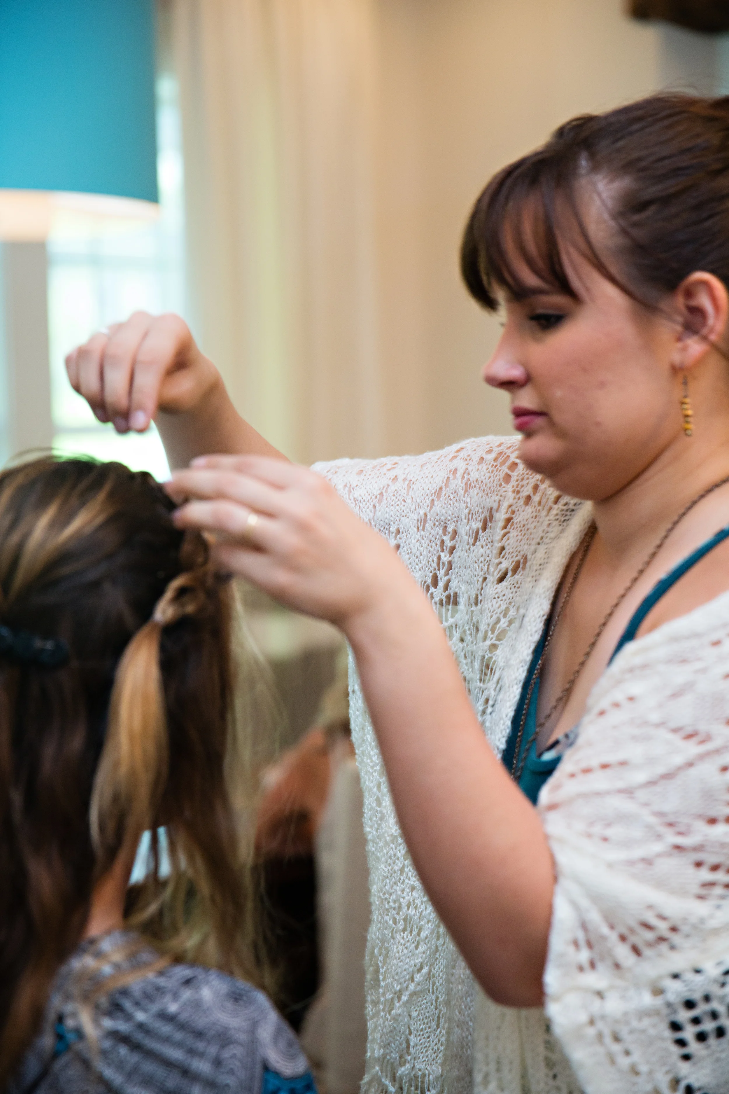 Anne Hunter (Willow model) having her hair done by Rachel Nelson.