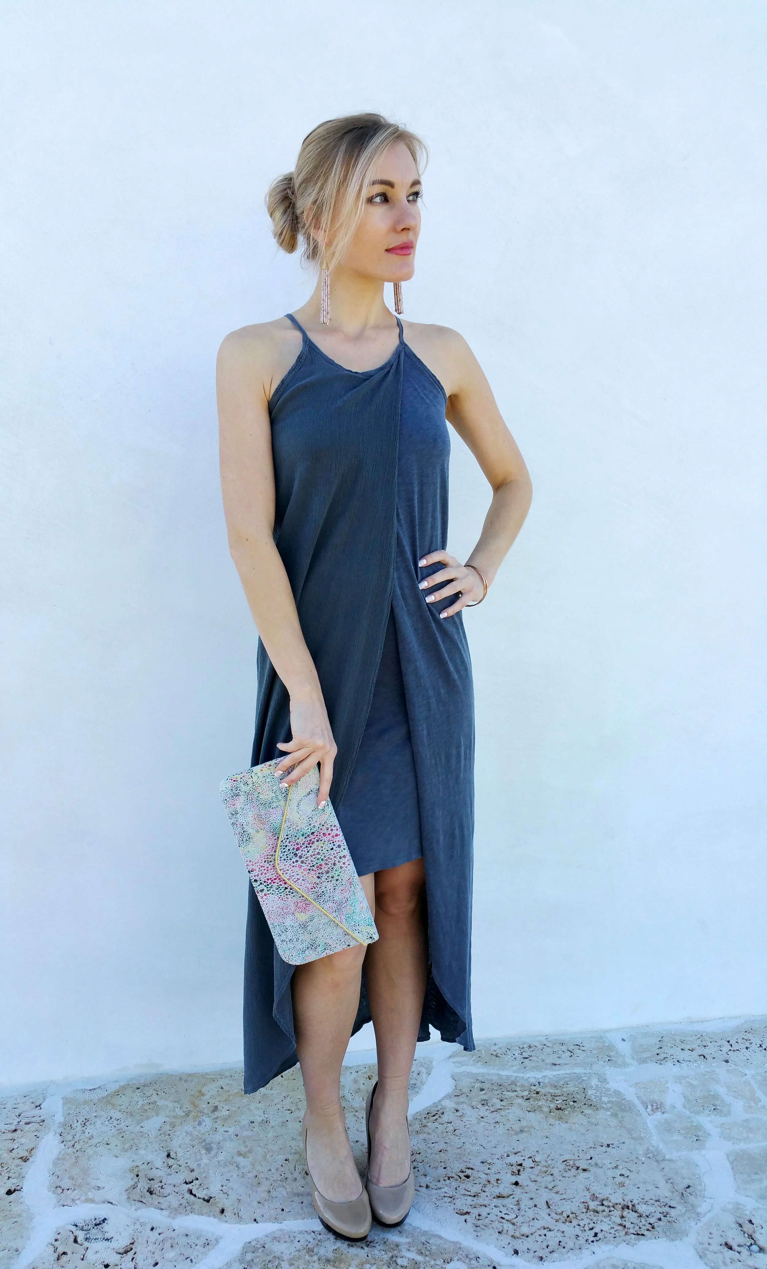 This is how you take the same look from day to night. Marta is wearing the gray dress by Stateside and I changed her bag to a gorgeous Coastal Road clutch, sexy tassel earrings by Vintage Green and heels to create an evening look with the same dress.