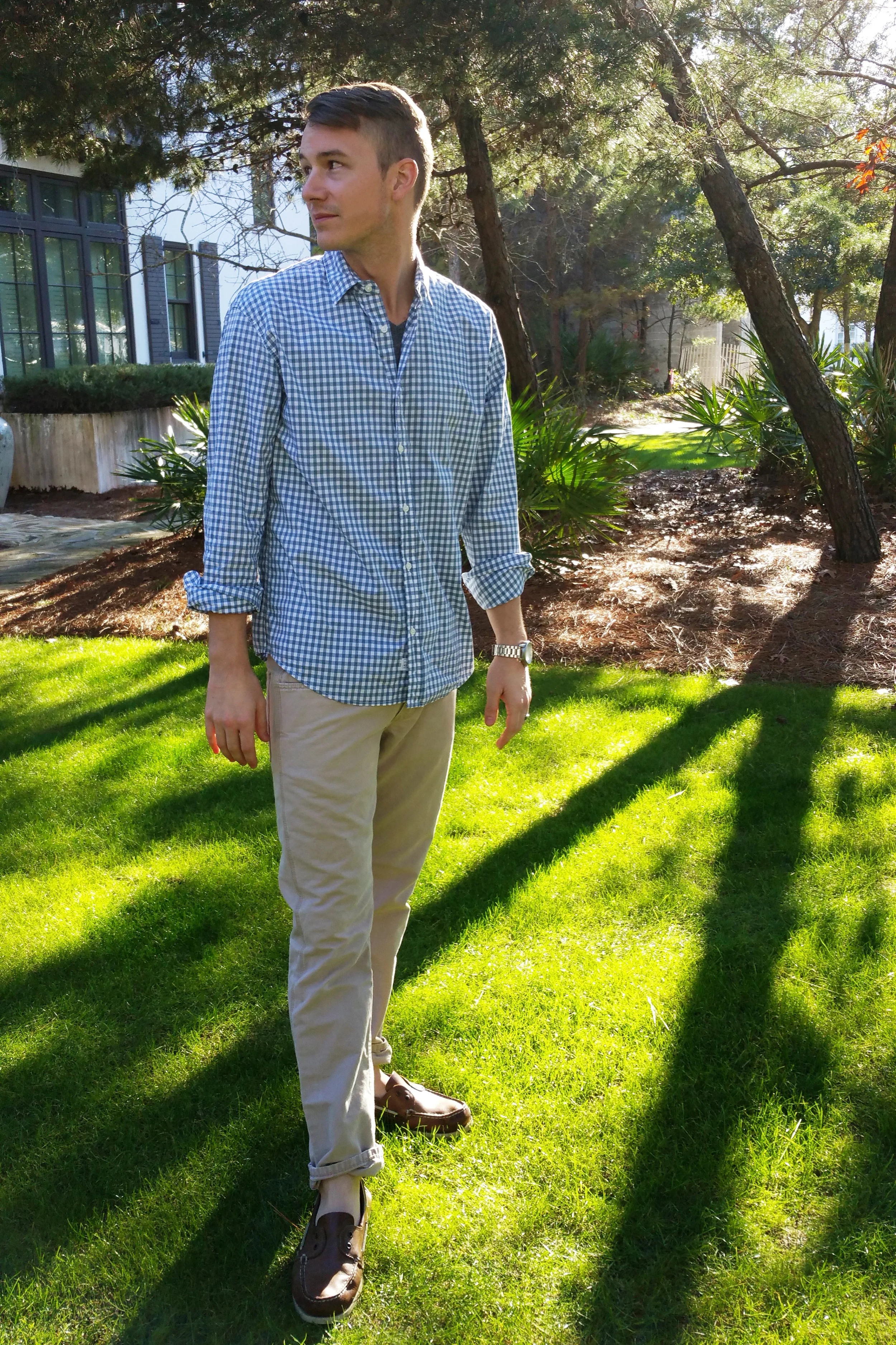 Another option for the wine walkabout for Adam. He is wearing a plaid shirt by Frank & Eileen.