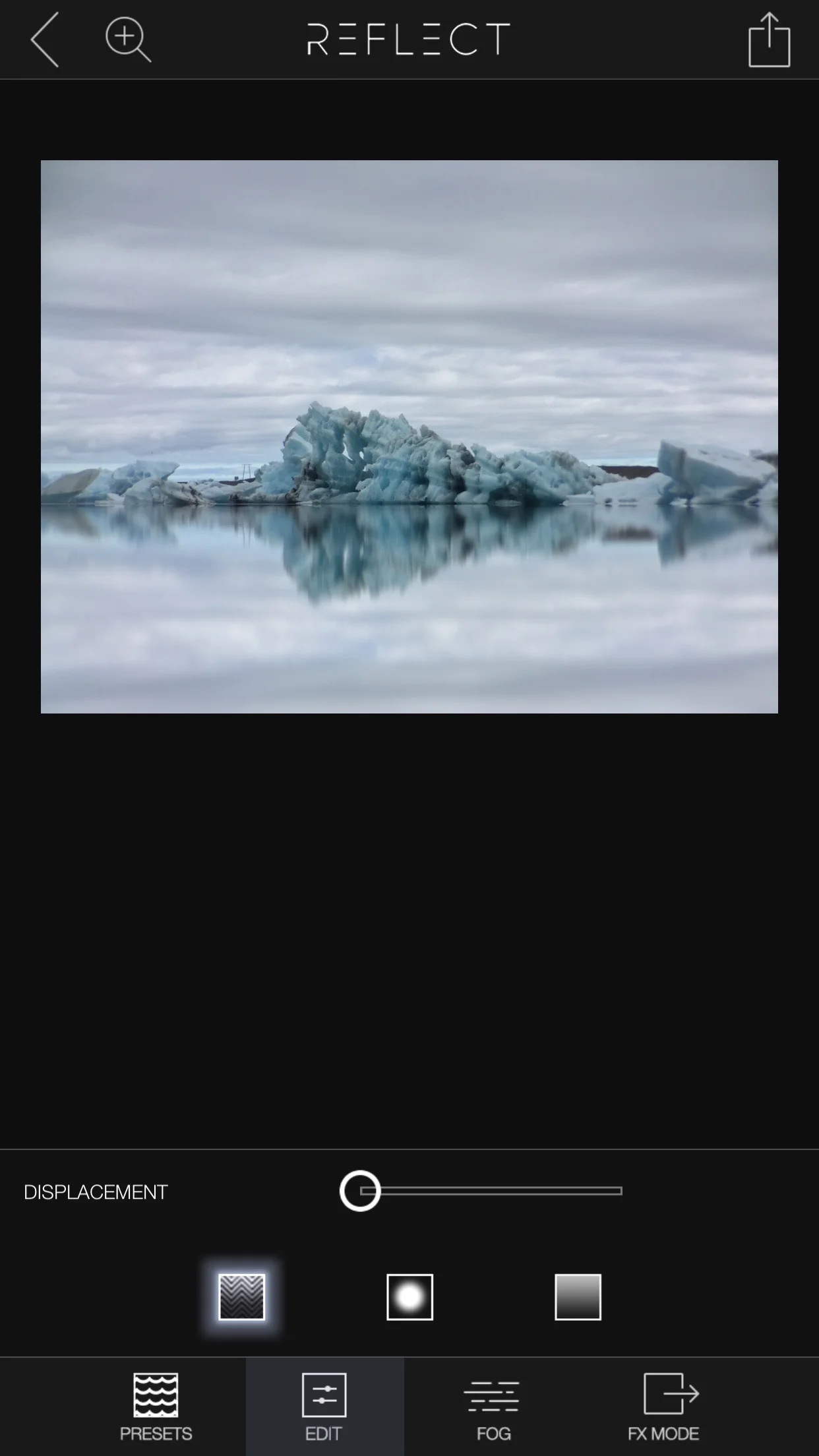 Use the "displacement" to set the intensity of the waves in the water. Move the slider to the right to get more waves (an less reflections).