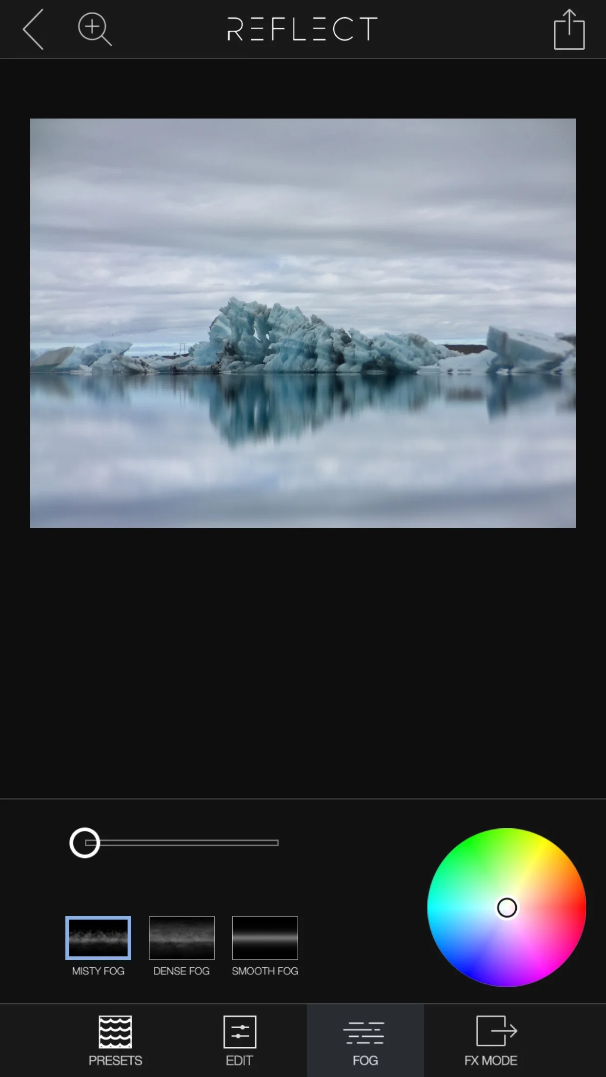 The app offers three different kinds of fog. Use the slider to set the intensity of the fog.