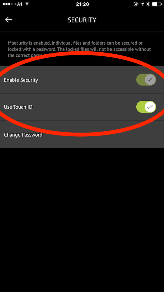To encrypt files on your iXpand drive, select "Enable Security" and enter a password. Optionally select that you want to use Touch ID.