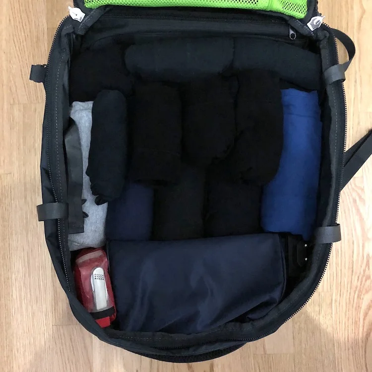 Osprey farpoint 40 packed for five days: Tripod, skivvies, t-shirts, first aid kit (with carry on compliant knife and charger, toiletries