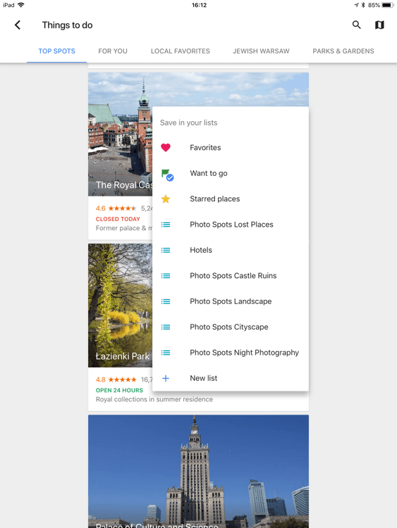 Select a list for a bookmark in Google Trips