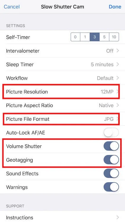 Slow Shutter Cam Settings to check