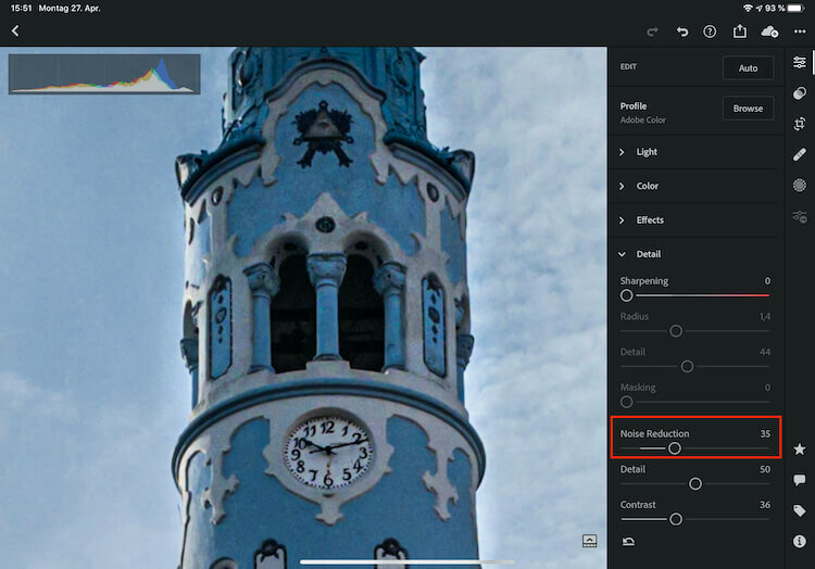 Luminance Noise Slider in Lightroom set to 35