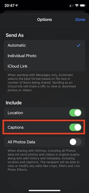 iOS14 Photo Caption in share sheet