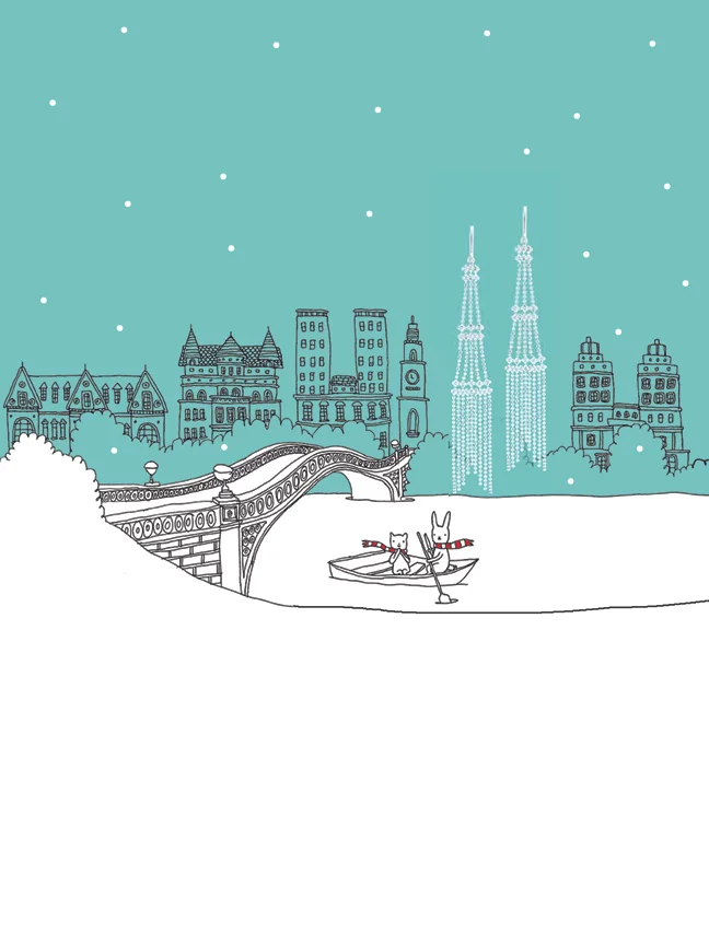 Tiffany & Co. diamond chandelier earrings sparkling over Central Park and two rowboating lovers