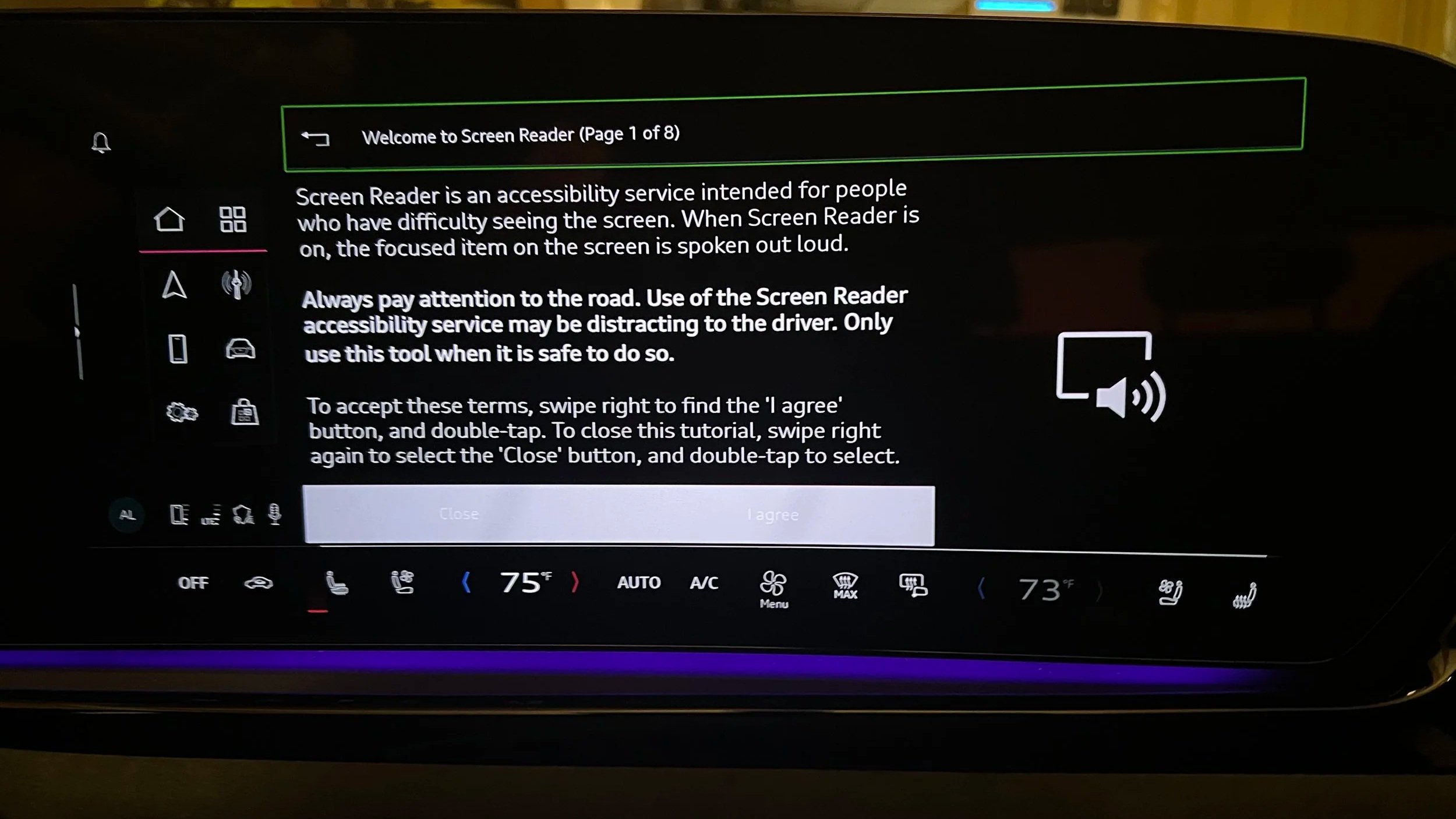 Screen Reader tutorial screens in enabled state