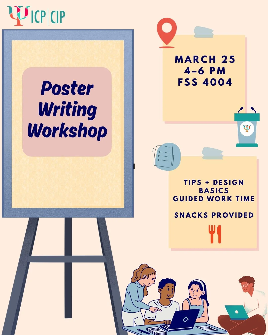 EVENT ALERT! 🚨 Bring your laptops and grab some snacks, the Interdisciplinary Conference in Psychology (ICP) is inviting you to join our Poster Writing Workshop!
This workshop will be presented by psychology graduate students and will take place Mar