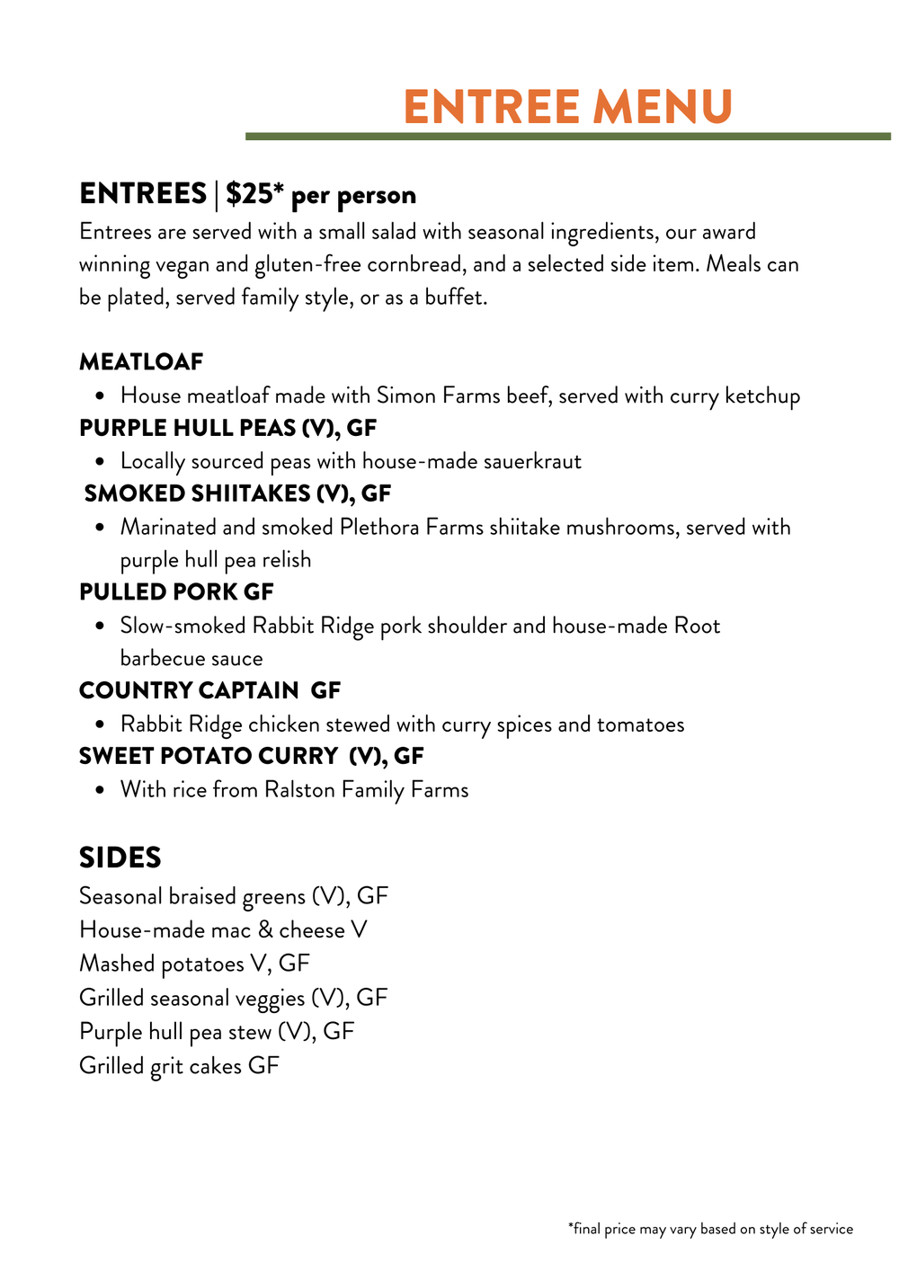 Special Events Menu — The Root Cafe