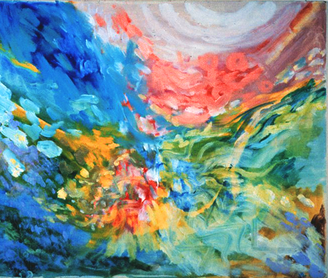 a landscape, in which the color orange represents the energy of a human presence walking amidst nature
