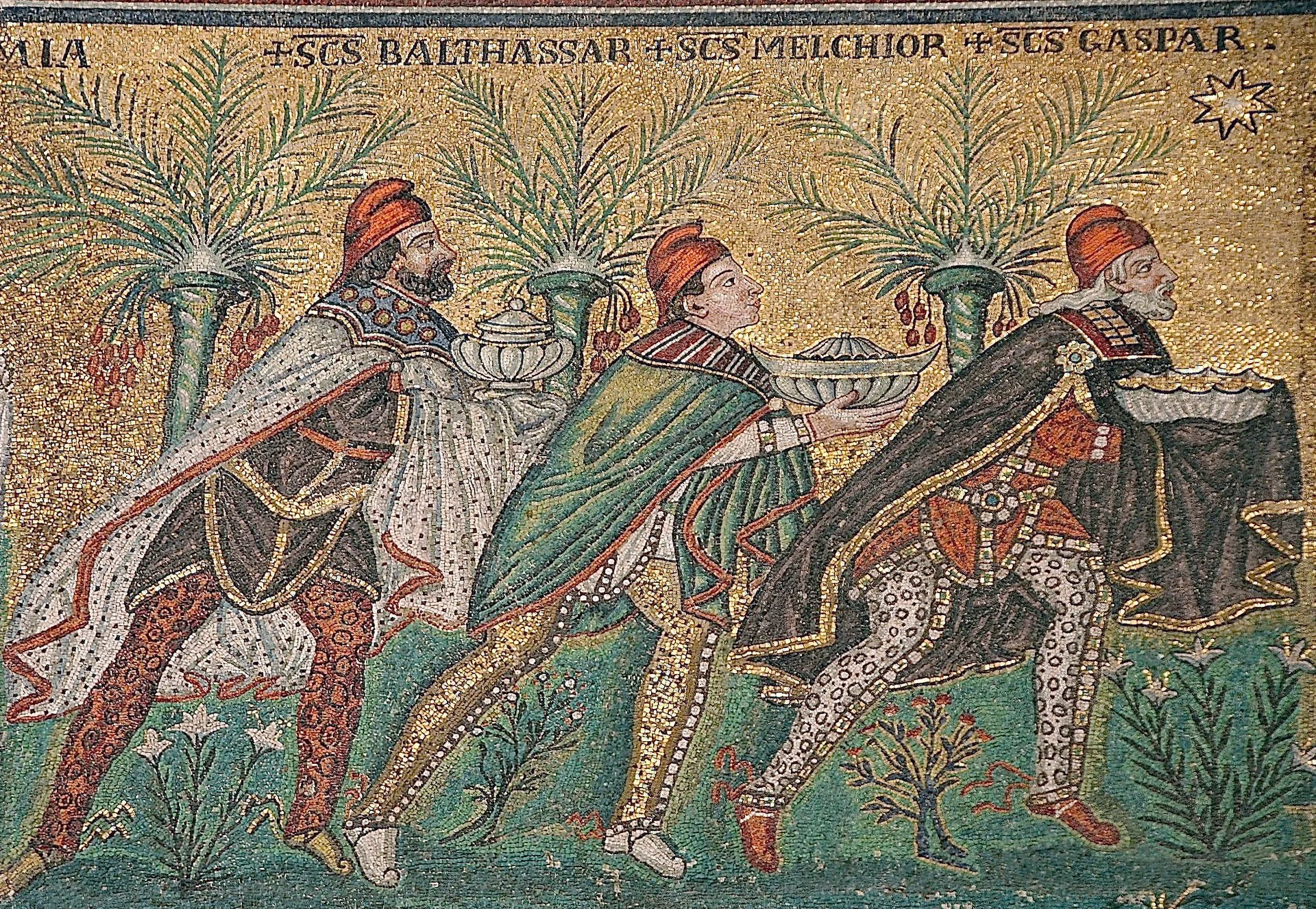 The Magi bearing gifts of frankincense and myrrh (italian Mosiac)