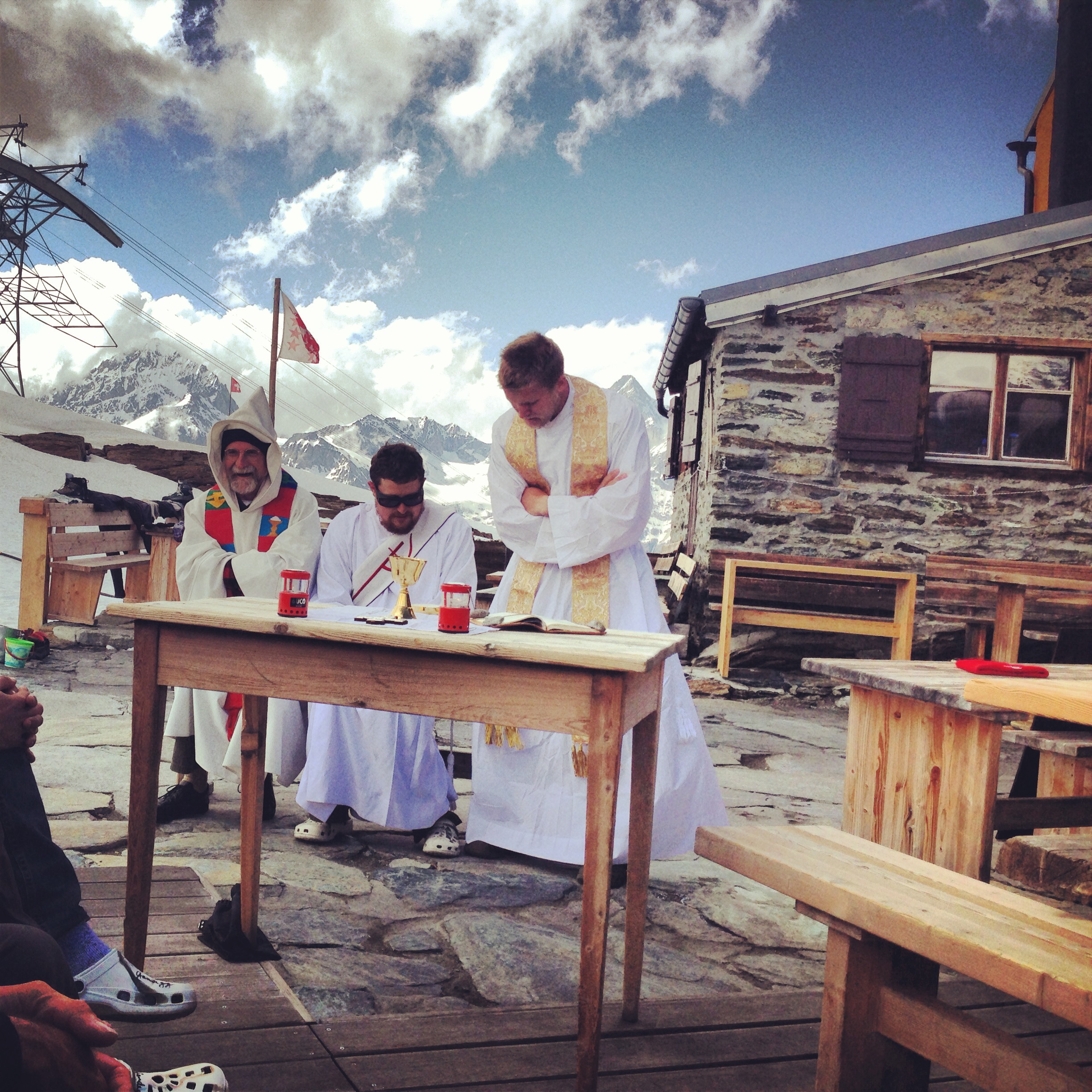 Fr. Nathan and Fr. John preparing to celebrate Mass at the base of the Matterhorn, Zermatt.