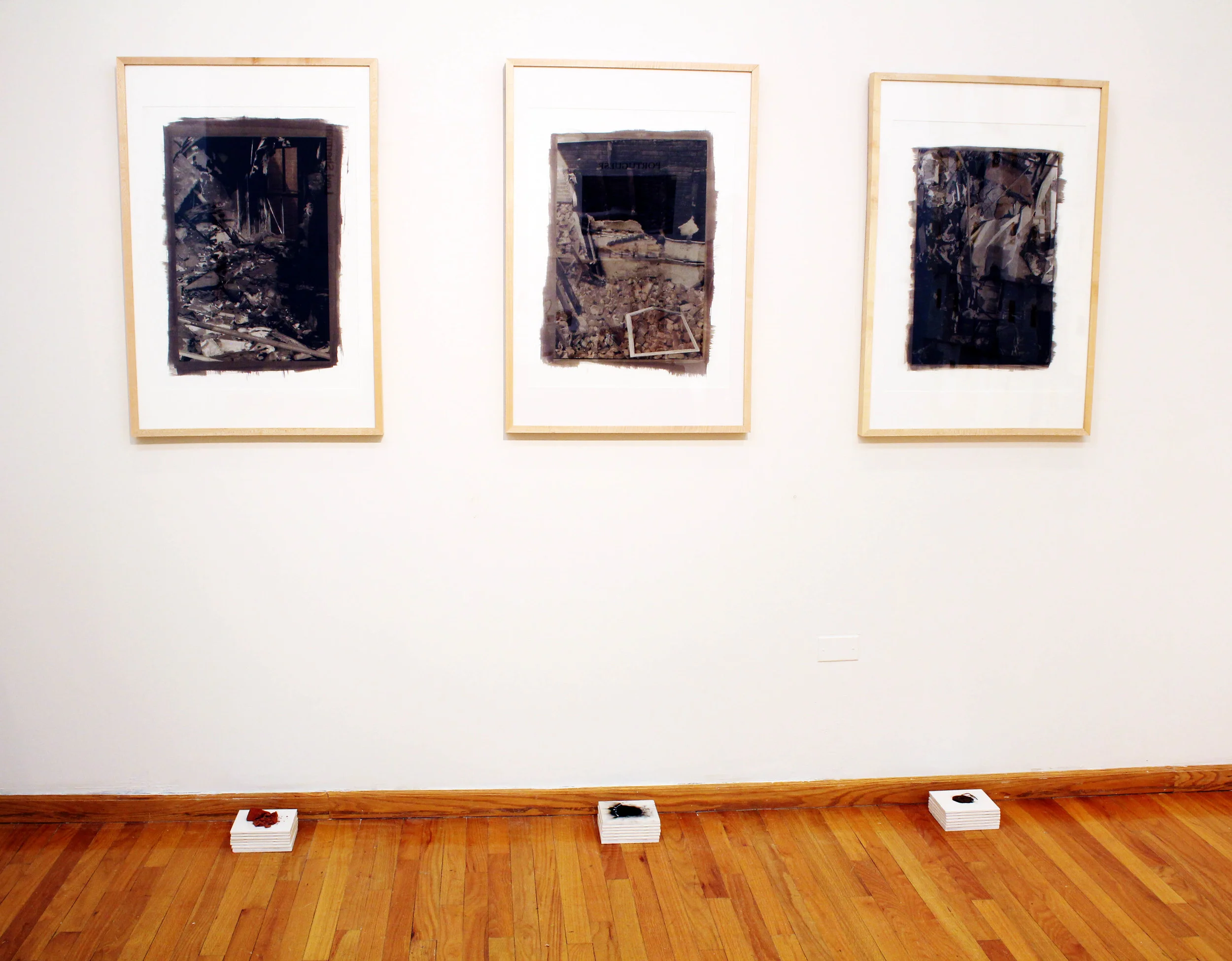 Offering, 2015 26in x 32in Van dyke brown and multi-layered gum bichromate print using handmade pigments: brick, ash and lampblack 'Offering' is a series of alternative photography prints that depict the interior of the house after the fire. The gum bichromate process allows me to create images using pigments of my own creation. These pigments are made of bricks, lampblack, a pigment made through the incomplete combustion of a flame, and ash from the remains of my previous body of work. These pigments are of the house, of fire and of myself. 