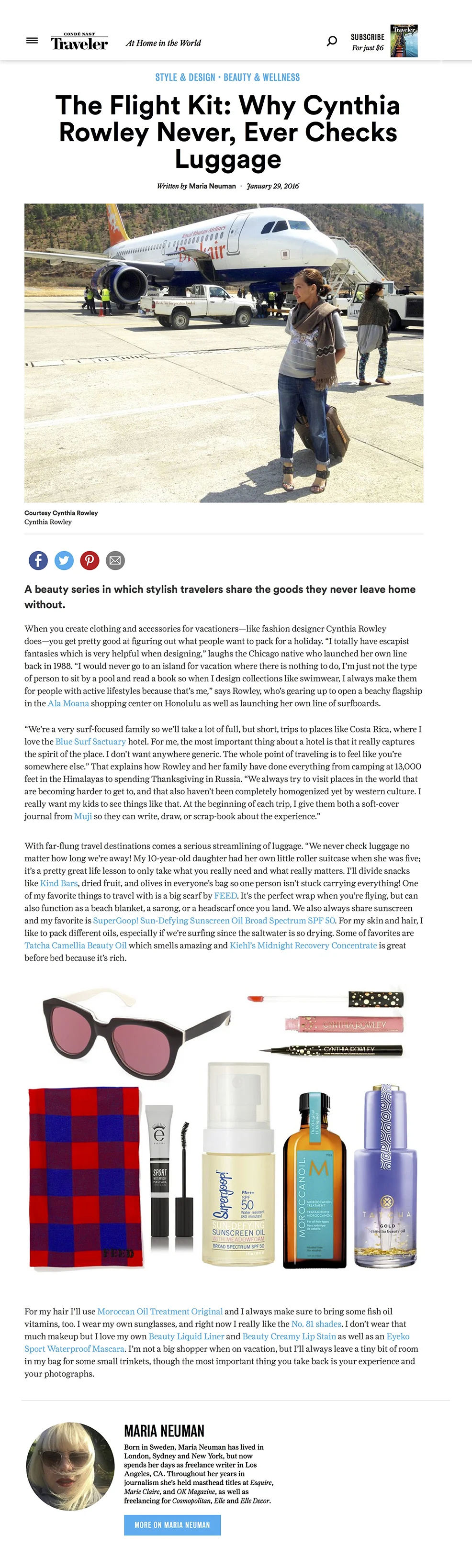Condé Nast Traveler: The Flight Kit: Why Cynthia Rowley never, ever checks luggage
