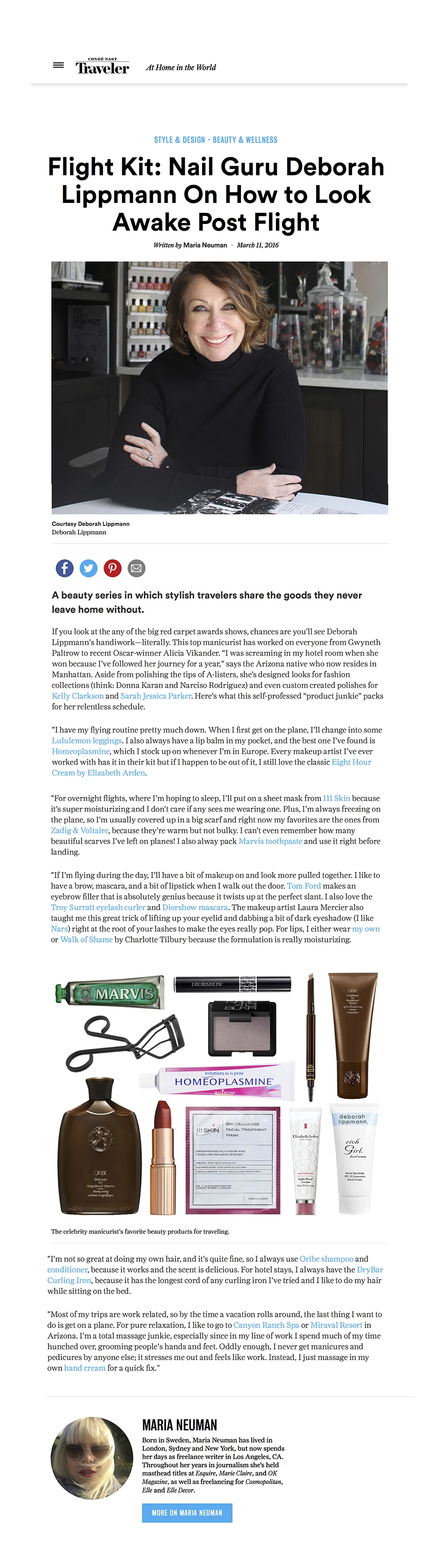 Condé Nast Traveler: Flight Kit: Nail Guru Deborah Lippmann On How to Look Awake Post Flight