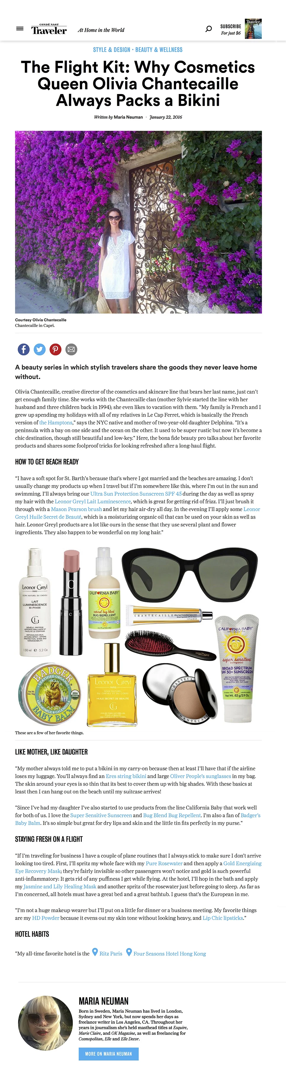 Condé Nast Traveler: The Flight Kit: Why Cosmetics Queen Olivia Chantecaille Always Packs a Bikini