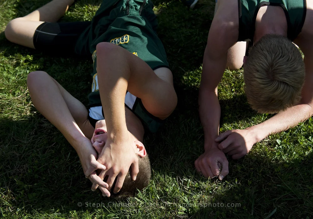 Two members of Penn-Trafford collapse after the Westmoreland County Coaches Association cross country meet on Thursday, Oct. 15, 2015 at Westmoreland County Community College.