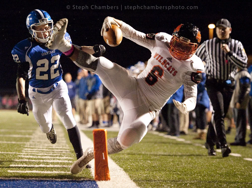 Latrobe's Jason Armstrong (6) is pushed out of bounds by Hempfield's Colin Critchfield (22) just short of a touchdown during a football game on Friday, Oct. 16, 2015 at Hempfield Area High School. Hempfield won 62-12.