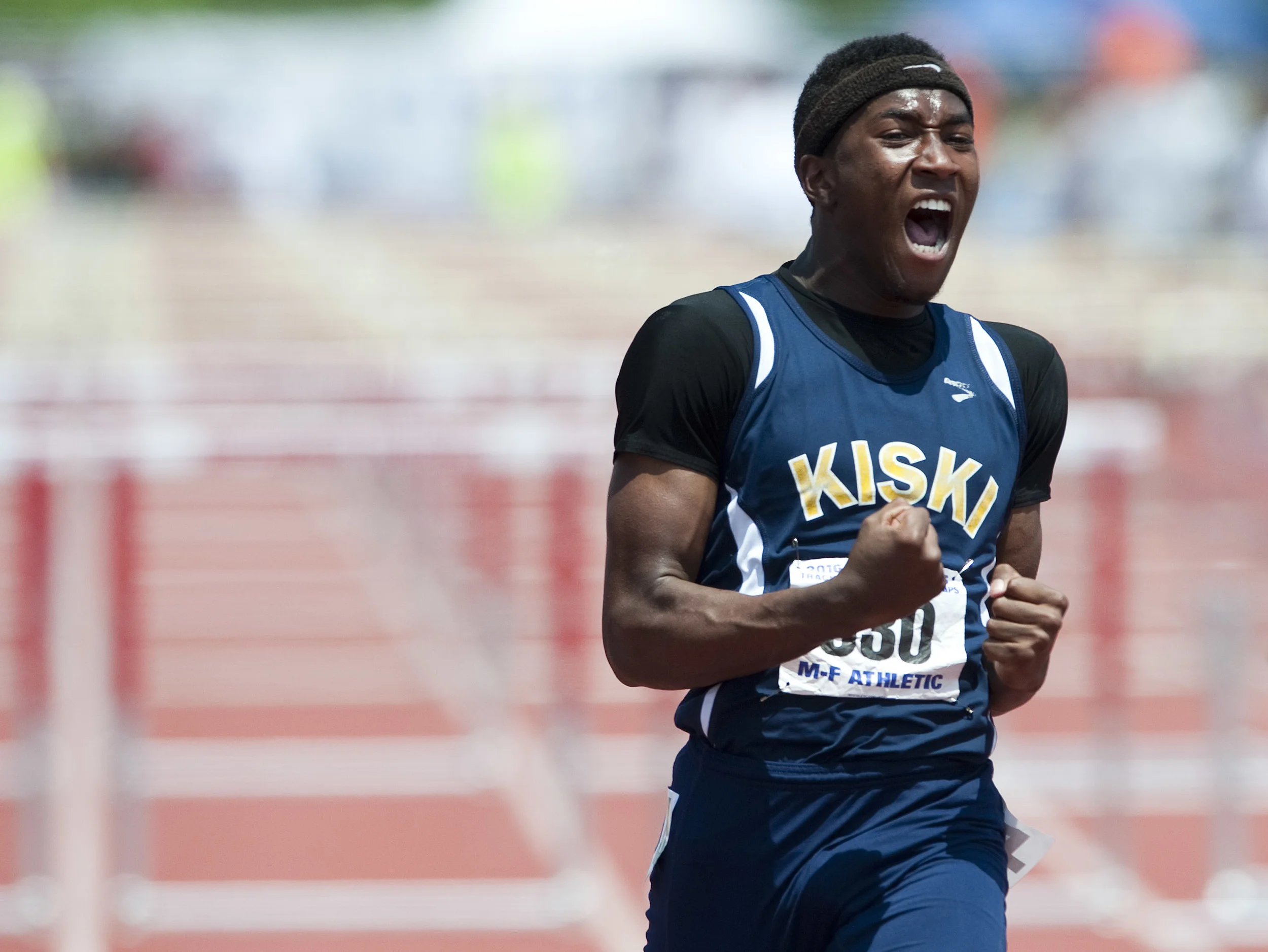 Kiski Area's Jace Roundtree reacts after winning the 110 meter hurdles during the Class AAA PIAA track and field championships at Shippensburg University on Saturday, May 28, 2016 in Shippensburg.