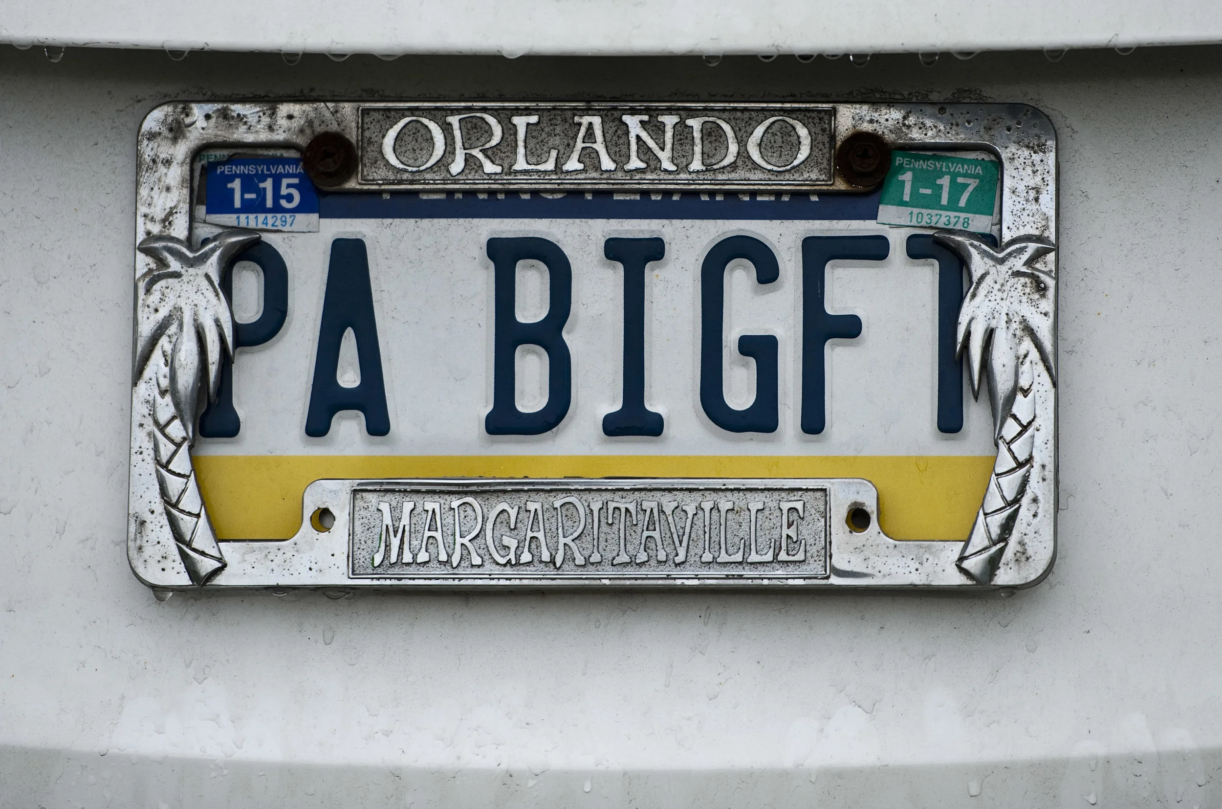 A vanity license plate owned by Kathy Altman, wife of event organizer and Bigfoot expert Eric Altman of Jeannette, drips with rain during the 2016 Pennsylvania Bigfoot Camping Adventure at Benner's Meadow Run campground near Farmington on Friday, May 6. The Farmington area has been known as a Bigfoot hotbed with numerous encounters reported by campers, hunters and locals.