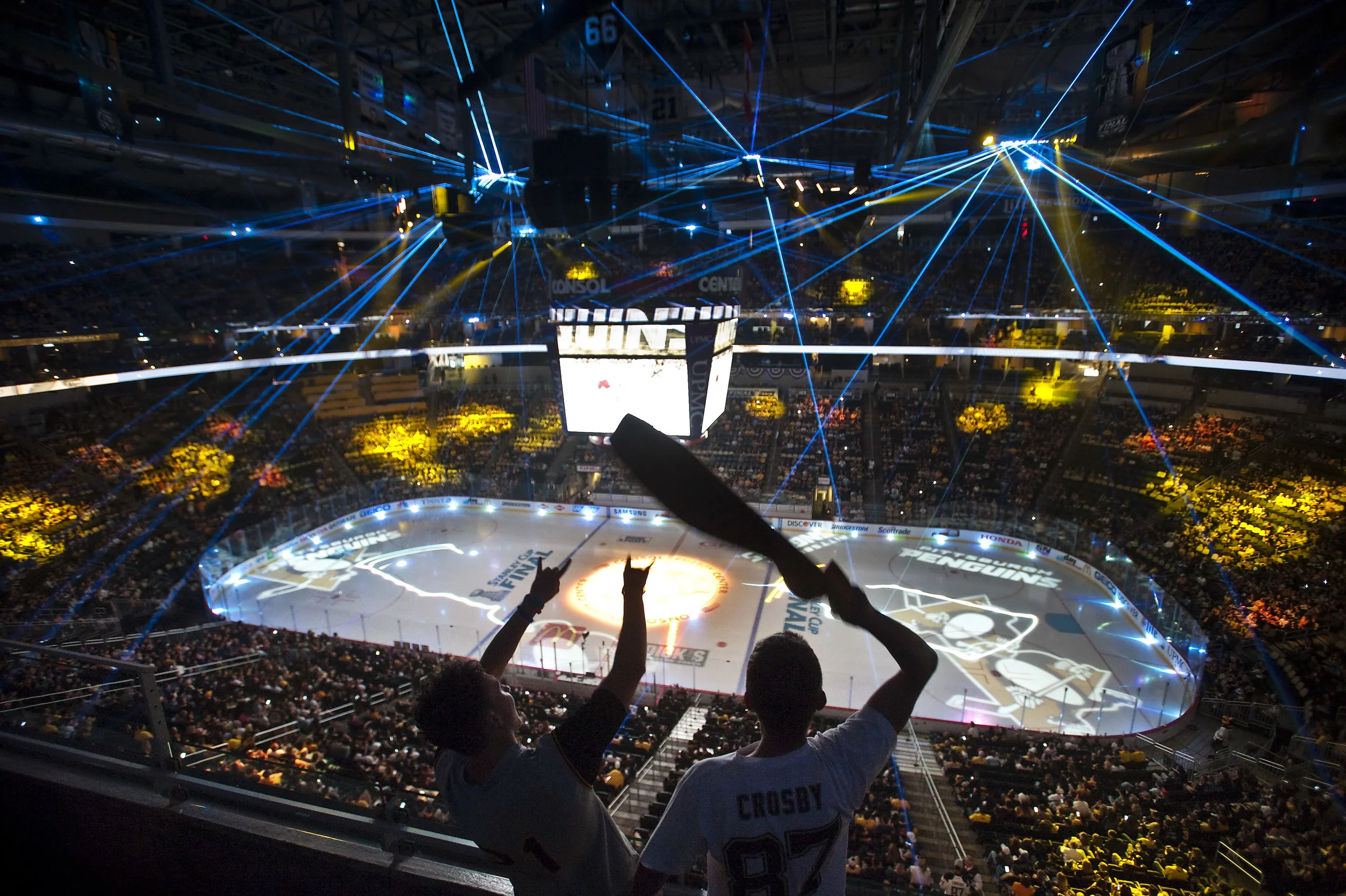 Chris Hankin, right, and Anthony Rack of Bethel Park cheer during the Stanley Cup Finals, between the Pittsburgh Penguins and the San Jose Sharks, Game 6 indoor watch party at Consol Energy Center on Sunday, June 12, 2016.