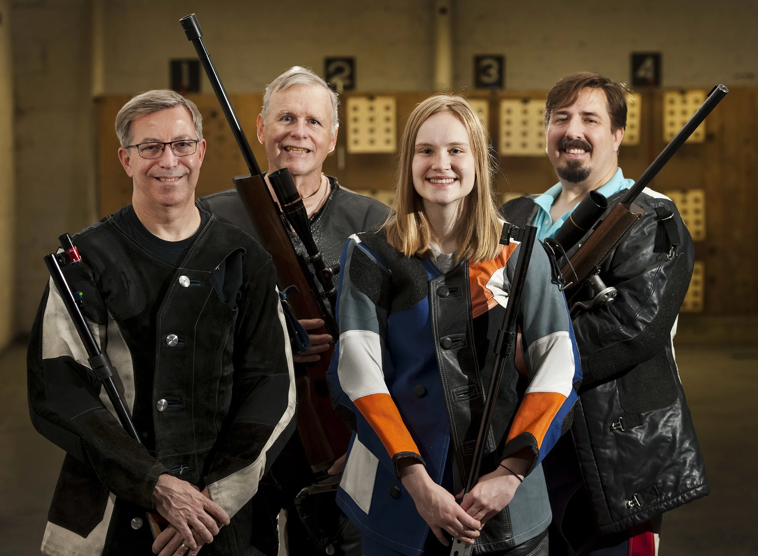 Members of the Dormont-Mt. Lebanon Sportsmen's Club rifle team from left to right, Tom Benedict of Sewickley, John Funk of Murrysville, Cassidy Fairman of Indiana and Dean Trew of Bentleyville pose for a portrait on Saturday, July 9, 2016. The team recently won a national title in indoor smallbore rifle shooting.
