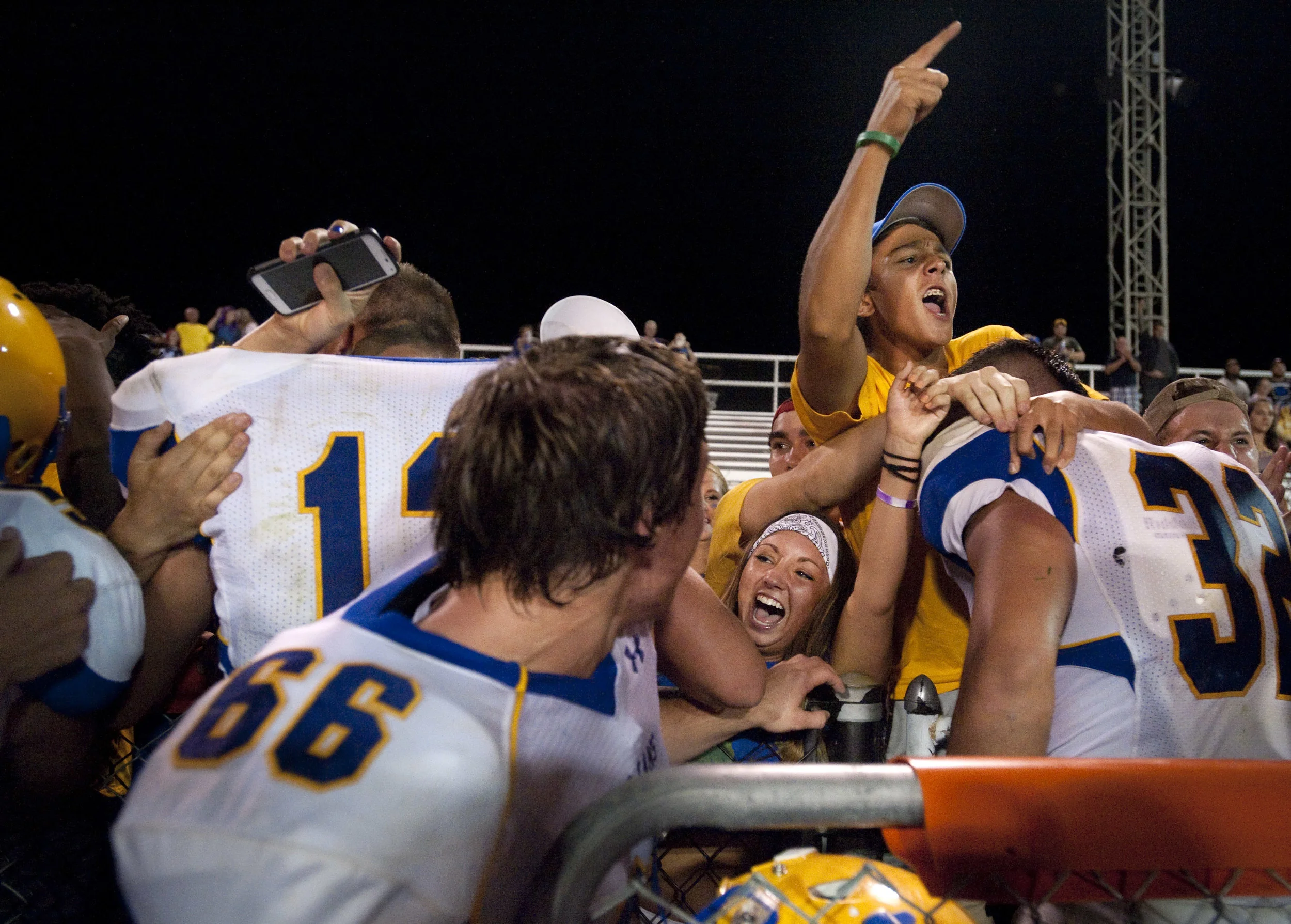 Derry celebrates their win with the student section after beating Latrobe during a football game on Friday, Aug. 26, 2016 Latrobe's Memorial Stadium. Derry won 28-20.