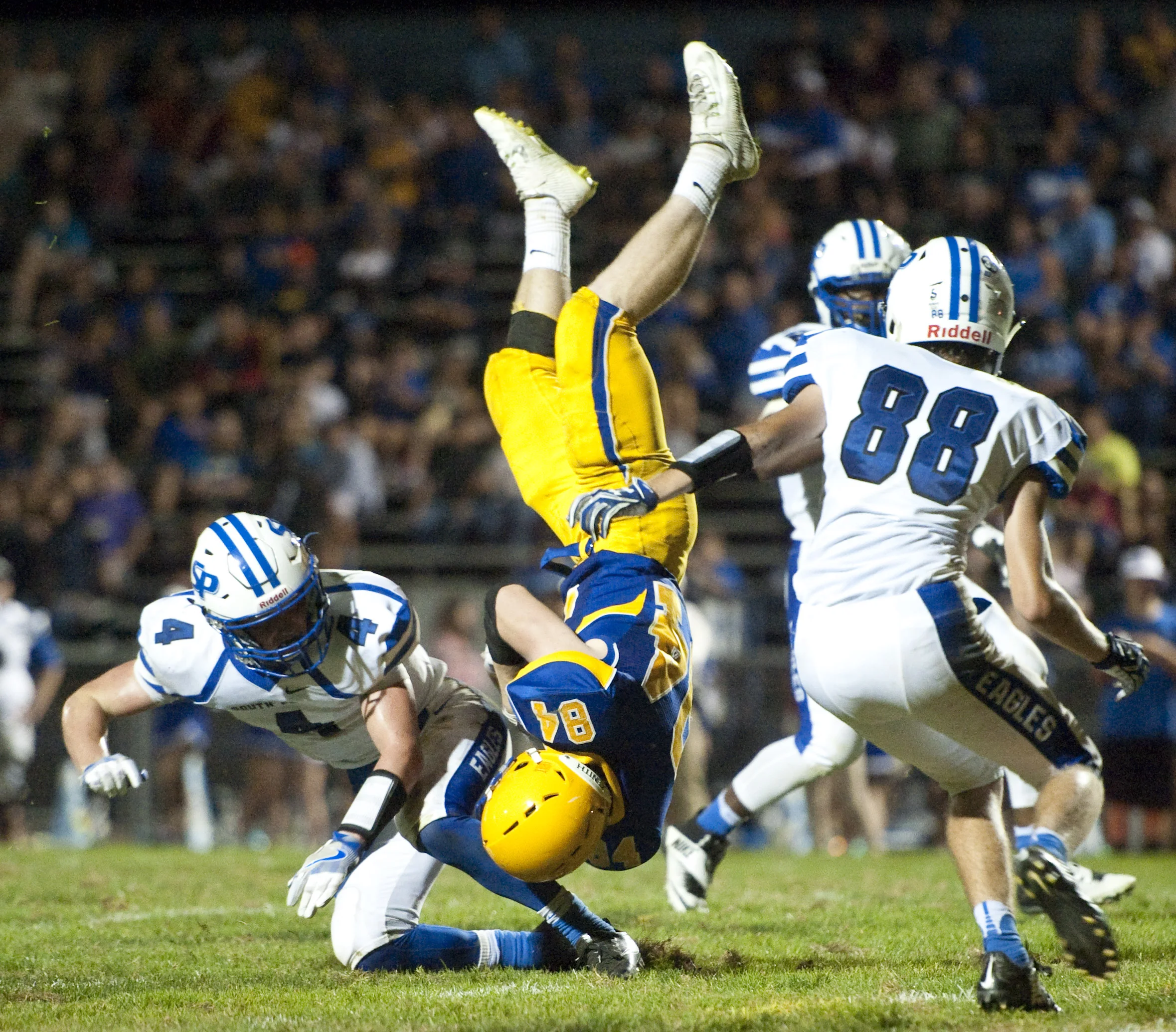 Derry’s Collin Holden is upended by South Park’s Jordan Kmonk on Friday, Sept. 23, 2016 during a football game at Derry Area High School.