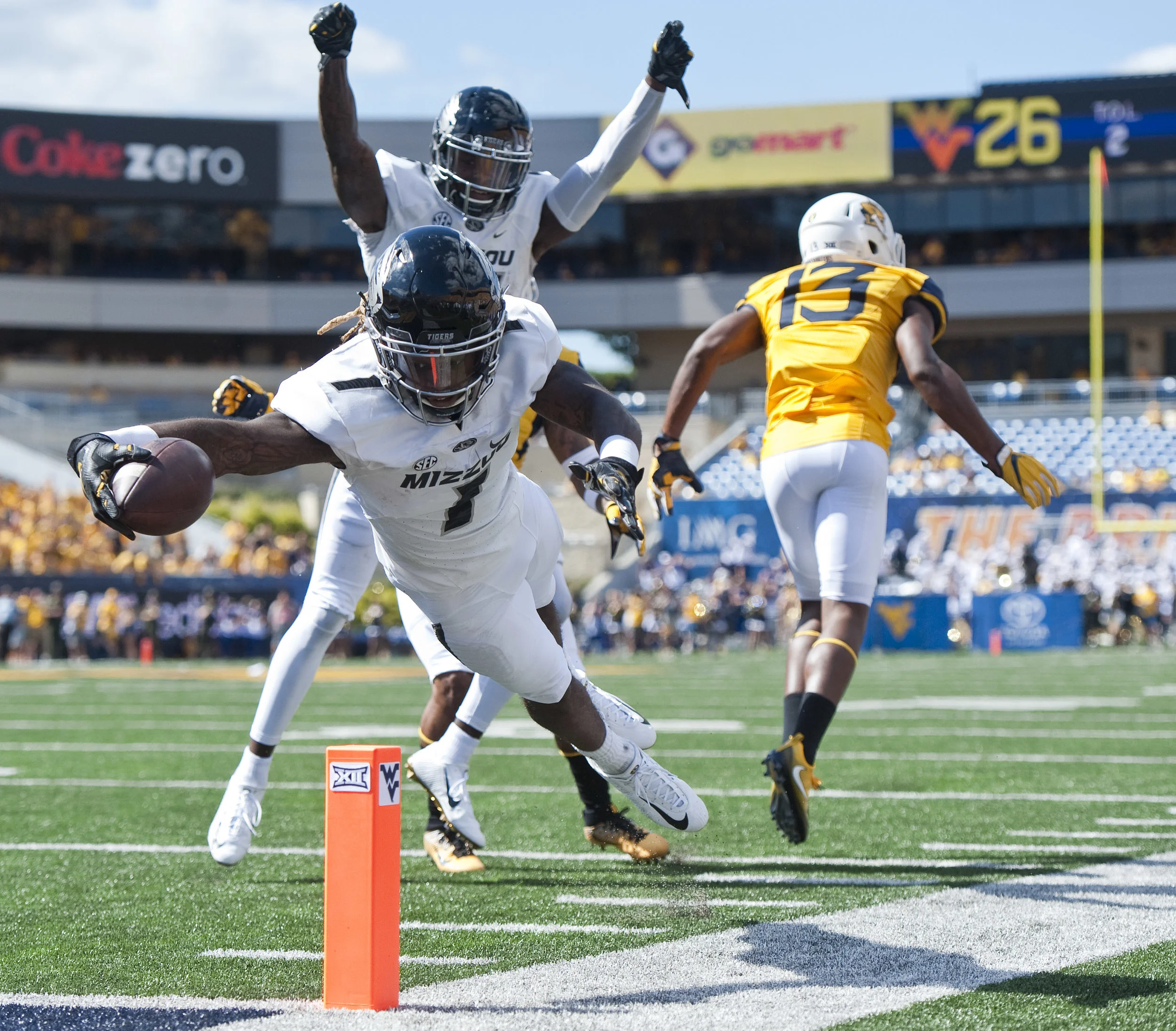 Missouri wide receiver Chris Black #1 dives into the end zone for a touchdown against West Virginia during an NCAA football game on Saturday, Sept. 3, 2016 at Milan Puskar Stadium in Morgantown, W.Va. WVU won 26-11.