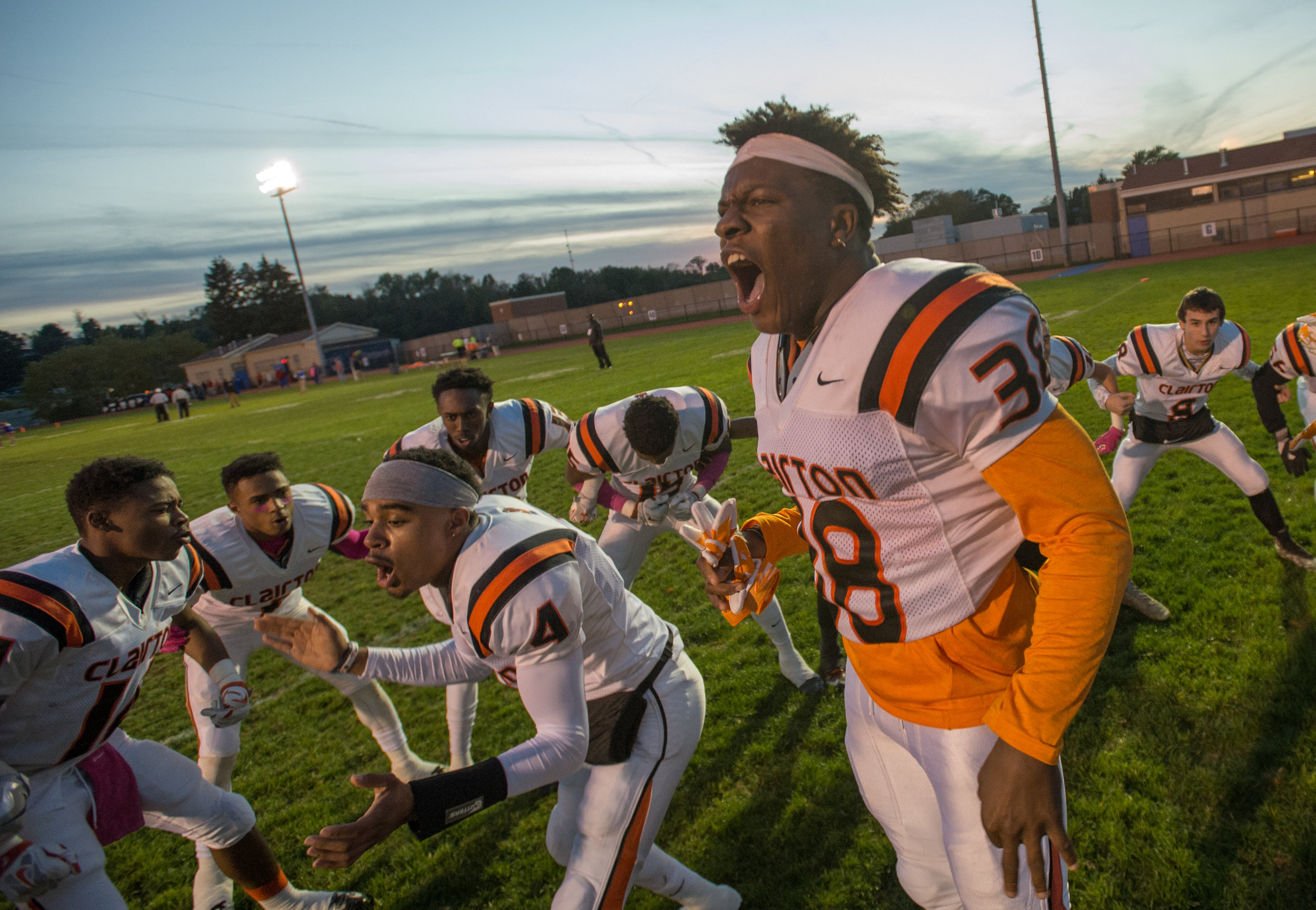  Clairton’s Lamont Wade and Clairton’s Noah Hamlin amp up their team before playing Jeannette on Friday, Oct. 28, 2016 at Jeannette's McKee Stadium. Clairton beat Jeannette 32-13. 
