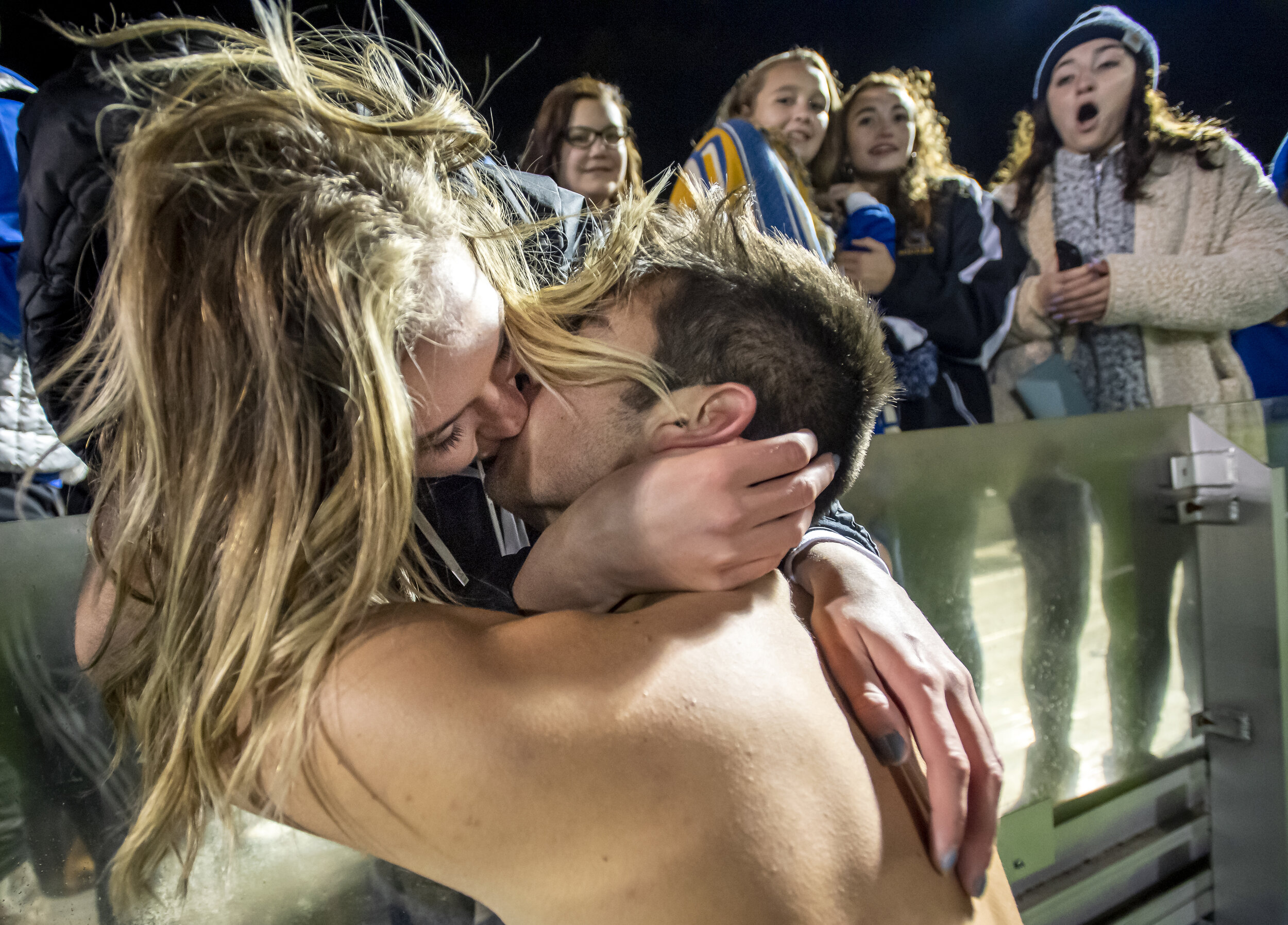  Cece Scott kisses her boyfriend Joseph Fonagy who scored the game-winning goal for Canon-McMillan against Mt. Lebanon during the WPIAL Class 4A soccer championship on Thursday, Oct. 31, 2019, at Highmark Stadium. Canon-McMillan beat Mt. Lebanon, 3-2