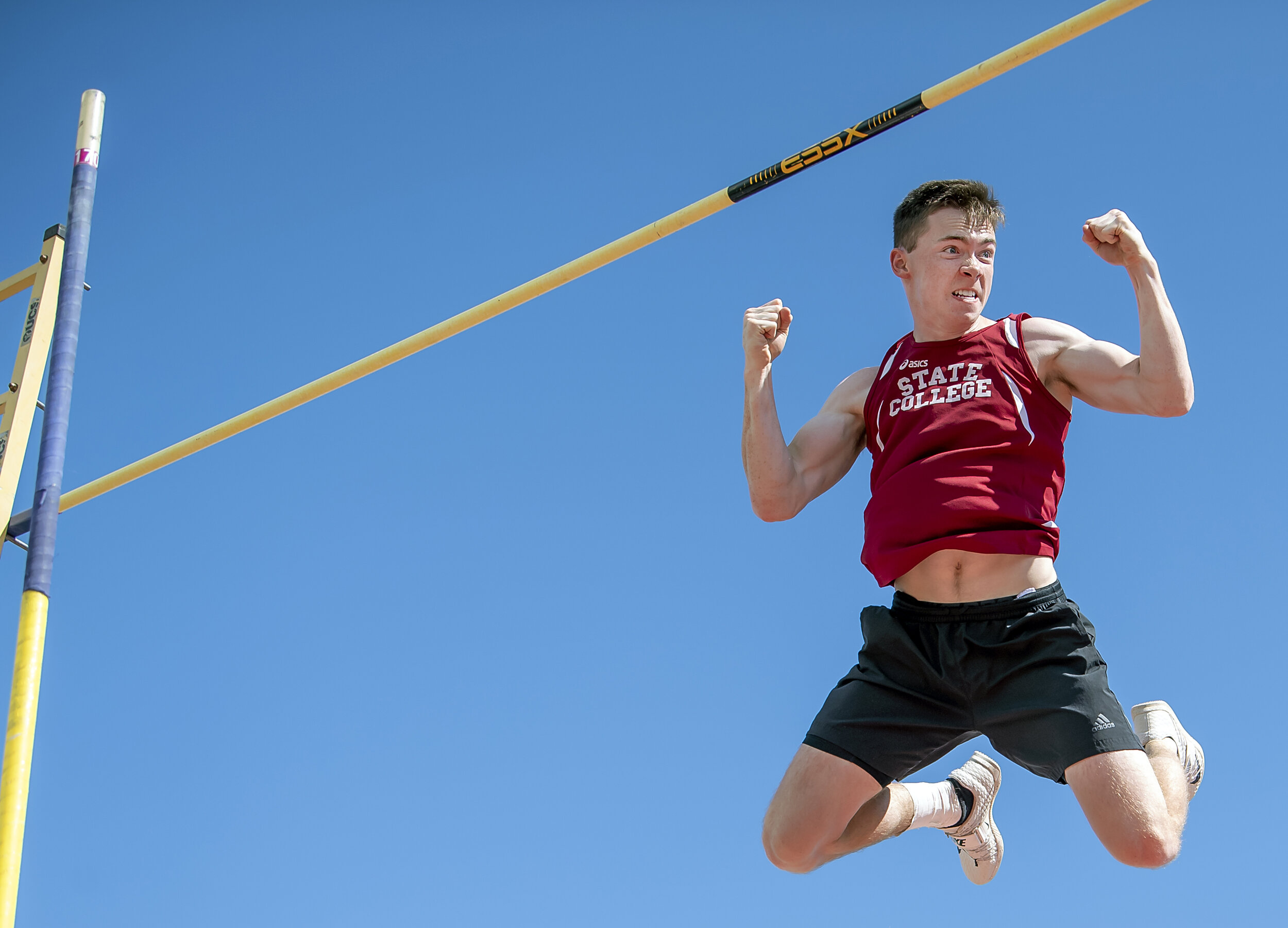  State College's Luke Knipe reacts after he cleared his personal best pole vault, 16 feet, to win gold during the PIAA track and field championships on Friday, May 24, 2019, at Shippensburg University.  