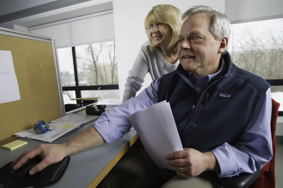 Financial Meeting: Maureen Simoes, office manager, meets with Dick Dale, our chief operating officer.