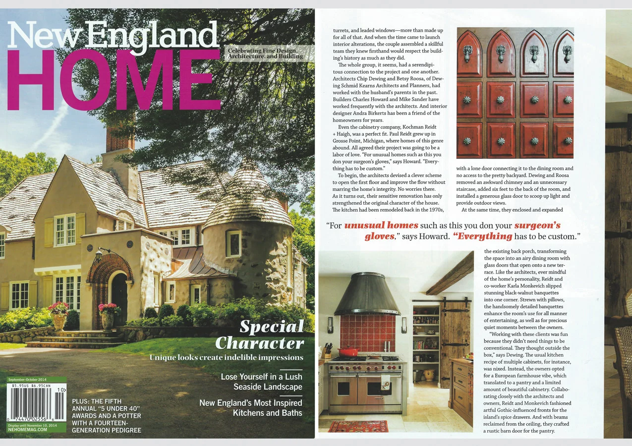 REMEMBRANCE OF THINGS PAST The usual kitchen recipe of multiple cabinets, for instance, was nixed. Instead the owners opted for a European farmhouse vibe, which translated to a pantry and a limited amount of beautiful cabinetry. Collaborating closely with the architects and owners, Reidt and Monkevich fashioned artful Gothic-influenced fronts for the island’s spice drawers. NEW ENGLAND HOME / SEPTEMBER-OCTOBER 2014