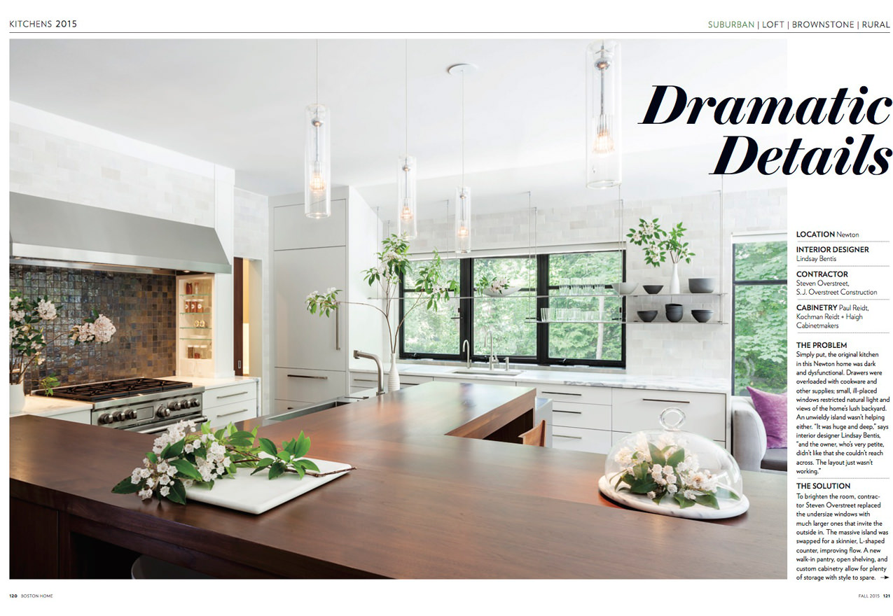 DRAMATIC DETAILS Simply put, the original kitchen in this Newton home was dark and dysfunctional. ...The massive island was swapped for a skinnier, L-shaped counter, improving flow. A new walk-in pantry, open shelving, and custom cabinetry allow for plenty of storage with style to spare. BOSTON HOME KITCHENS 2015 / FALL 2015