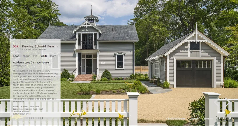 The renovated 19th century carriage house is a rare example of Carpenter Gothic. It's located just outside of Concord's town center. (image from DSK's website )