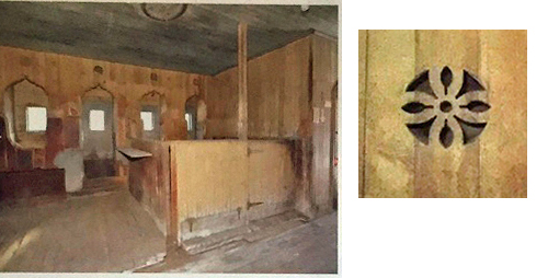 Here's a snap (left) taken before renovation began. The horse stalls are in the background. You can get a sense of the wonderful details in the openings to the stalls. The "flower" (right) was cut out above each stall door.