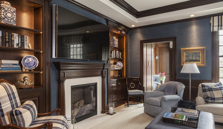 The new media room that links with the sitting room beyond and the circular office space. KR+H's craftsmanship played a large role in this renovation/addition.