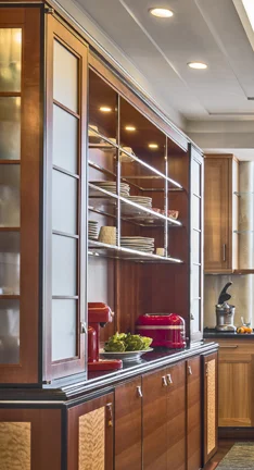 Kitchen cabinet with glass, metal, Red birch, Makore counter, and curly maple panels.