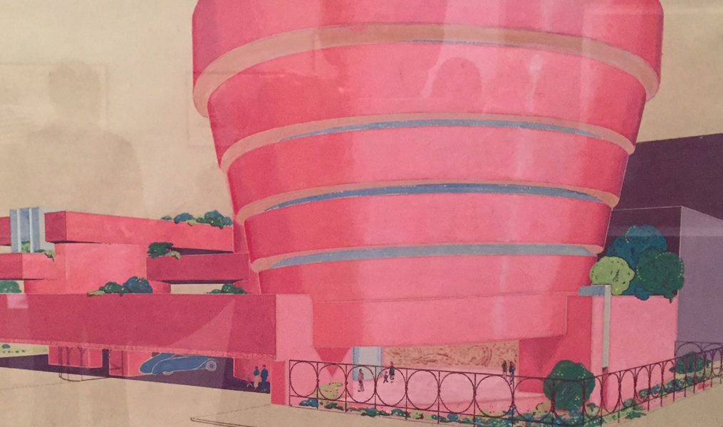 Close-up of architectural drawing of the Guggenheim. Paul was surprised at its pinkness!